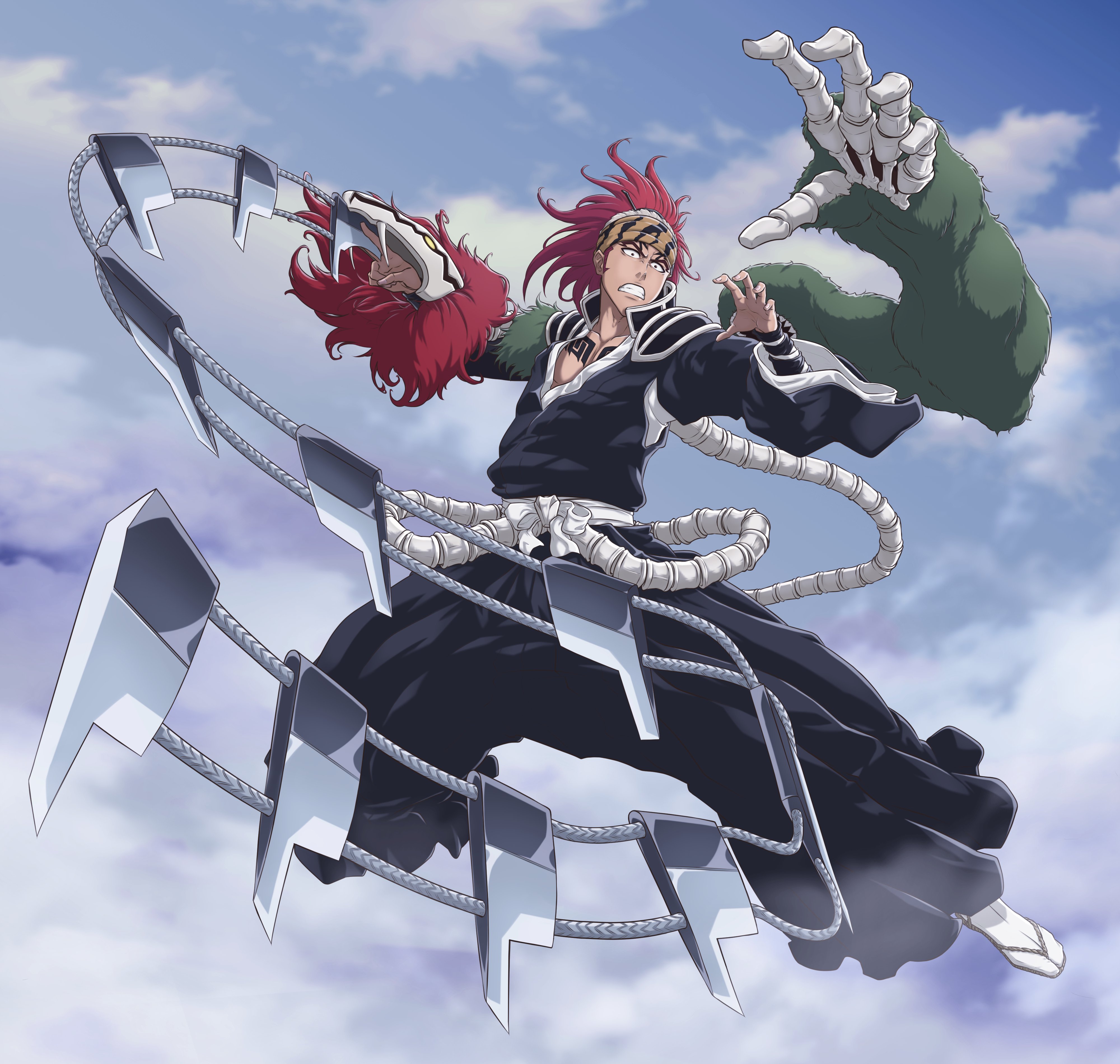 sonzhondaya, abarai renji, bleach, bleach: sennen kessen-hen, absurdres, highres, 1boy, arm blade, bandana, bankai, black hakama, black kimono, bone, chest tattoo, clenched teeth, cloud, collarbone, extra arms, forehead tattoo, full body, fur trim, green fur, hakama, japanese clothes, kimono, looking at viewer, midair, obi, ponytail, red fur, red hair, sash, shihakusho, sideburns, sky, socks, solo, souou zabimaru (bankai), tabi, tattoo, teeth, waraji, weapon, whip sword, white sash, white socks