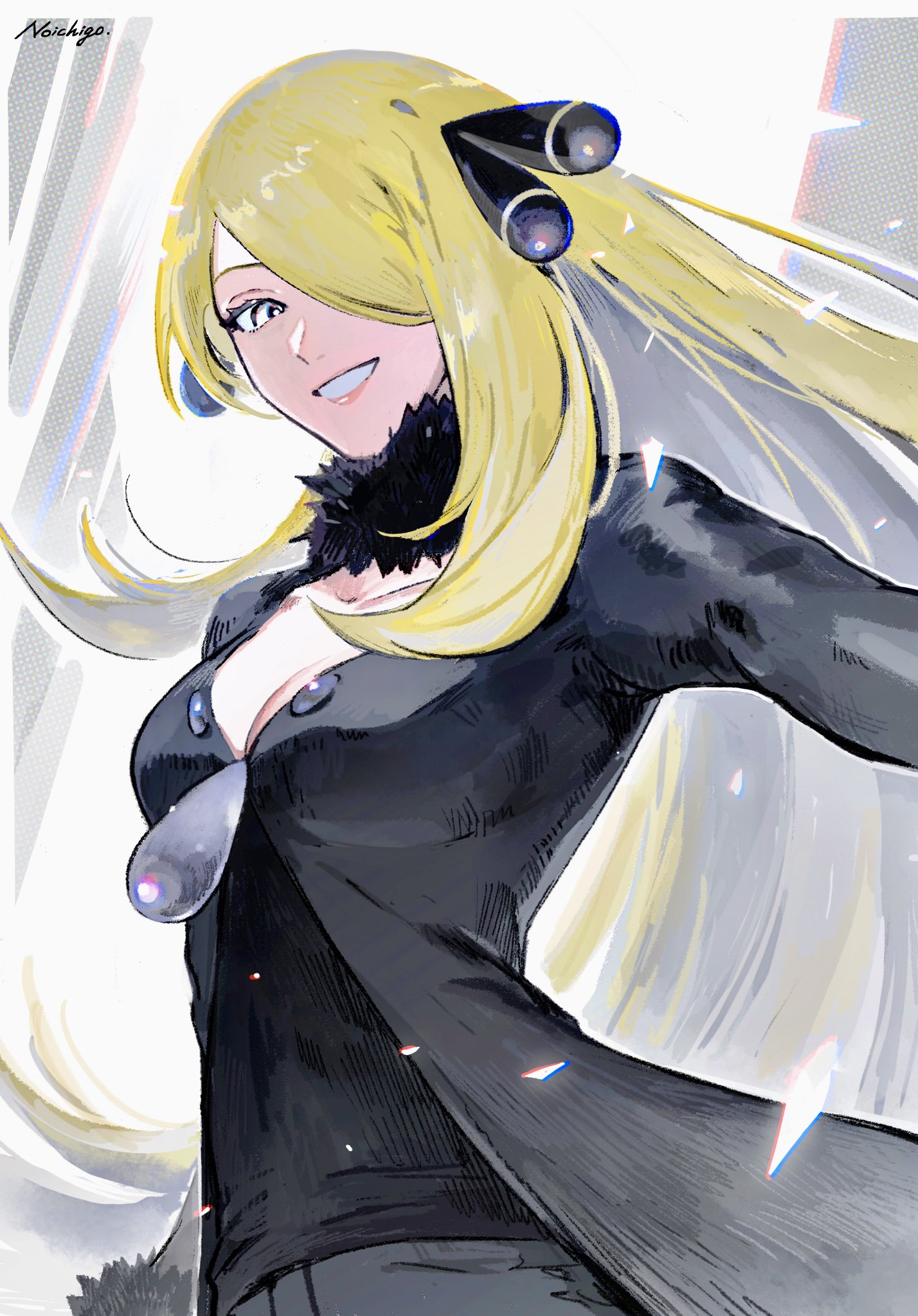 no ichigo, cynthia (pokemon), nintendo, pokemon, pokemon dppt, highres, 1girl, artist name, black coat, black shirt, blonde hair, breasts, cleavage, coat, hair ornament, hair over one eye, long hair, long sleeves, looking at viewer, shirt, smile, solo, upper body, very long hair