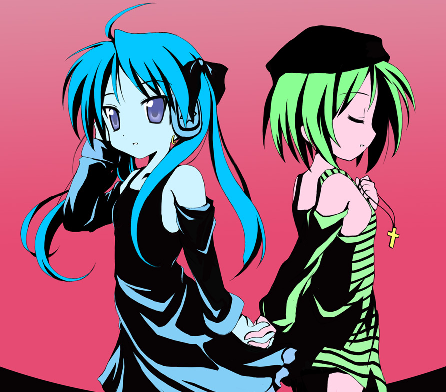 tomusooya, hiiragi kagami, hiiragi tsukasa, lucky star, 00s, 2girls, cross, high contrast, holding hands, latin cross, multiple girls, siblings, sisters, twins