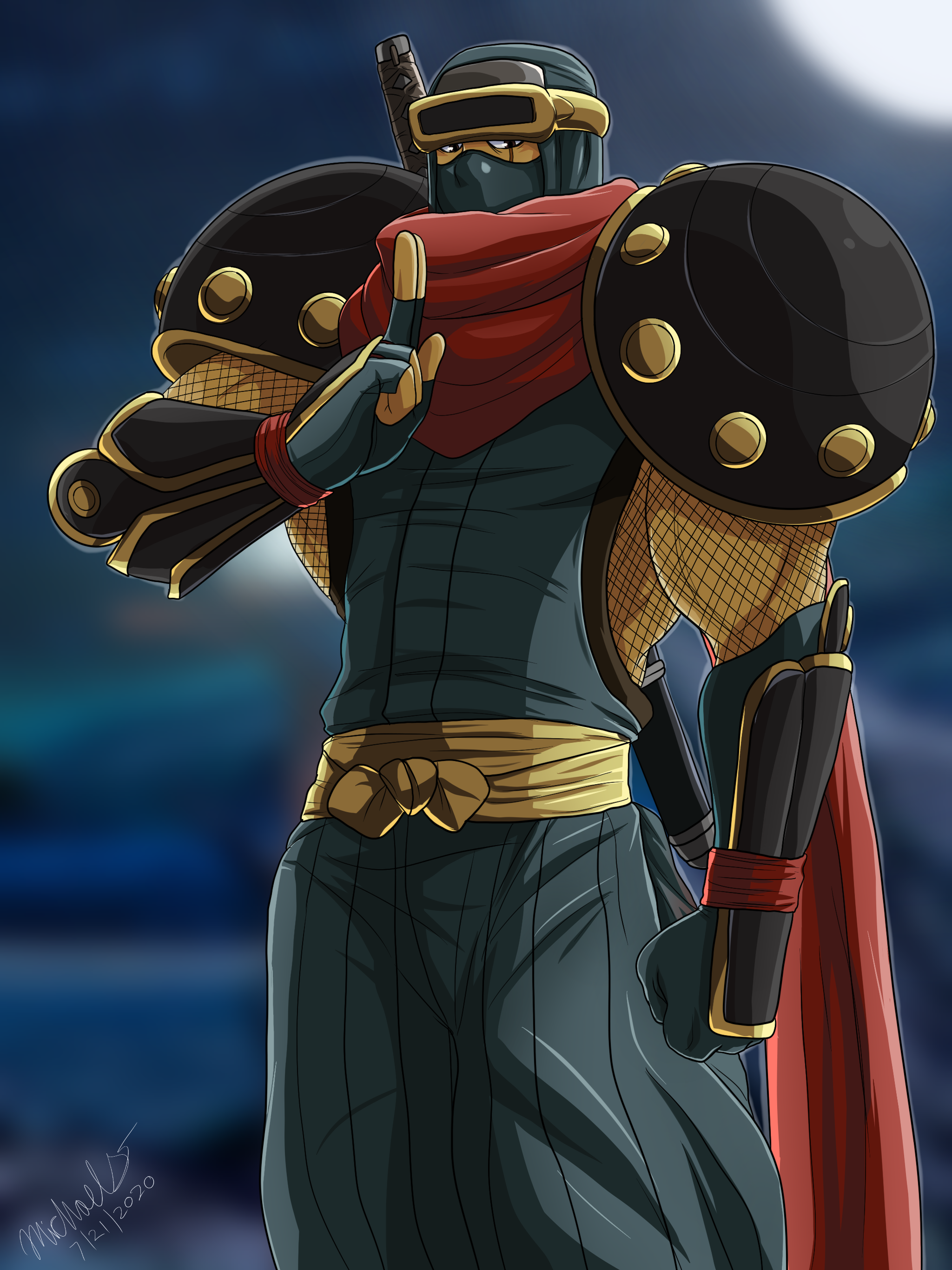 michael gonzalez, samurai spirits, absurdres, highres, 1boy, elbow gloves, fingerless gloves, fishnets, gloves, hattori hanzou (samurai spirits), male focus, mask, muscular, ninja, ninjatou, red eyes, scabbard, scar, scarf, sheath, short sword, solo, sword, weapon
