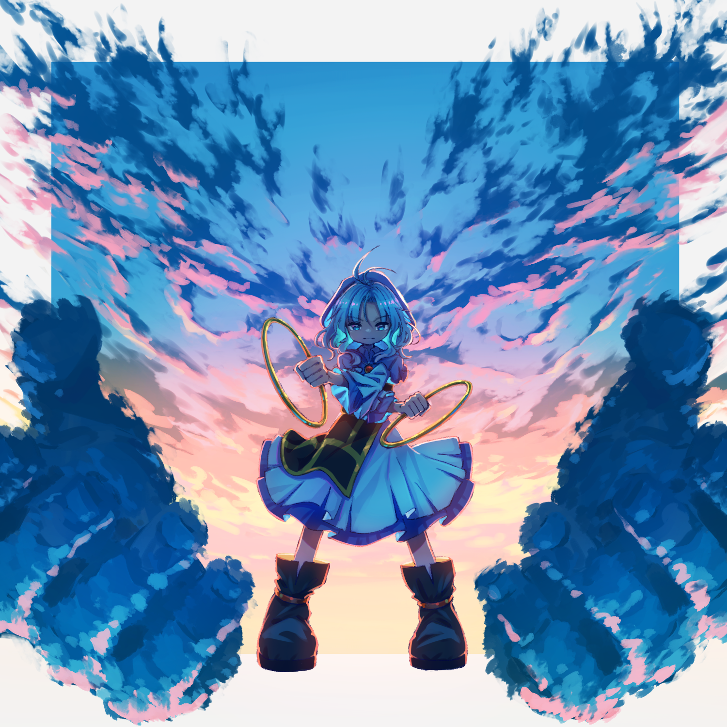 suteruko, kumoi ichirin, unzan, touhou, commentary, highres, 1girl, black boots, blue eyes, blue hair, blue hood, boots, buddhist nun, closed mouth, cloud, full body, hood, hoop, kesa, long sleeves, looking at viewer, wide sleeves