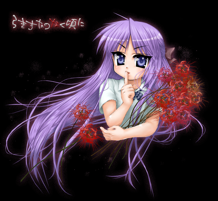 afrostar, hiiragi kagami, sonozaki shion, higurashi no naku koro ni, lucky star, 1girl, cosplay, crossover, female focus, flower, half updo, red flower, solo, sonozaki shion (cosplay), spider lily