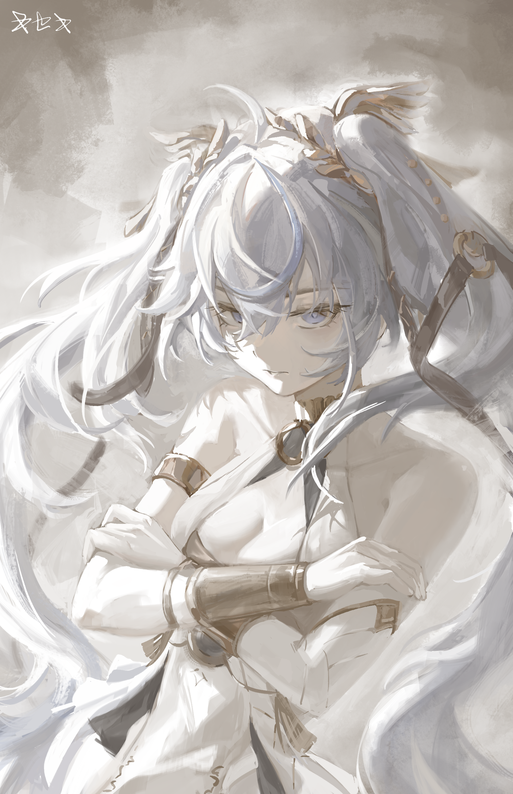 kutu, iuno (wuthering waves), wuthering waves, absurdres, commentary, highres, 1girl, ancient greek clothes, armlet, bare shoulders, black skirt, blue eyes, blue hair, breasts, cleavage, cowboy shot, crossed arms, greco-roman clothes, hair belt, hair between eyes, head wreath, jewelry, long hair, looking at viewer, medium breasts, muted color, parted lips, skirt, solo, twintails, very long hair, wrist guards