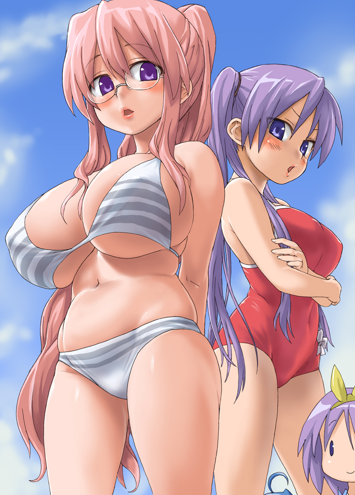 asanagi, hiiragi kagami, hiiragi tsukasa, izumi konata, takara miyuki, lucky star, light purple hair, 00s, 4girls, ahoge, bikini, blue eyes, blush, breasts, crossed arms, curvy, day, glasses, huge breasts, lips, long hair, mole, mole under eye, multiple girls, navel, one-piece swimsuit, open mouth, out of frame, pink hair, plump, ponytail, purple eyes, red one-piece swimsuit, siblings, sisters, striped bikini, striped clothes, swimsuit, twins, twintails