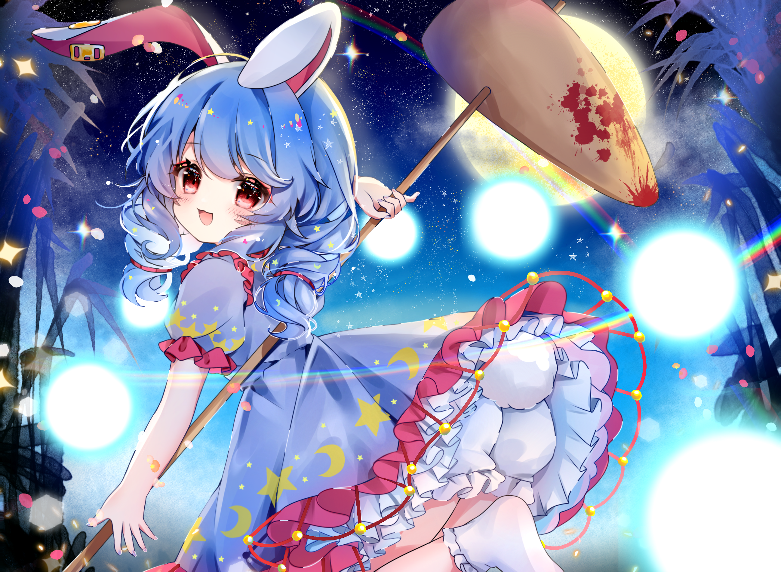 seiran (touhou), touhou, chinese commentary, commentary request, highres, 1girl, ambiguous red liquid, animal ears, bloomers, blue dress, blue hair, crescent print, dress, earclip, full moon, holding, holding mallet, kine, leg up, long hair, looking at viewer, mallet, moon, nya (pixiv 100585577), open mouth, puffy short sleeves, puffy sleeves, rabbit ears, rabbit girl, rabbit tail, red eyes, short sleeves, smile, socks, star (symbol), star print, tail, underwear, upskirt, white bloomers, white socks