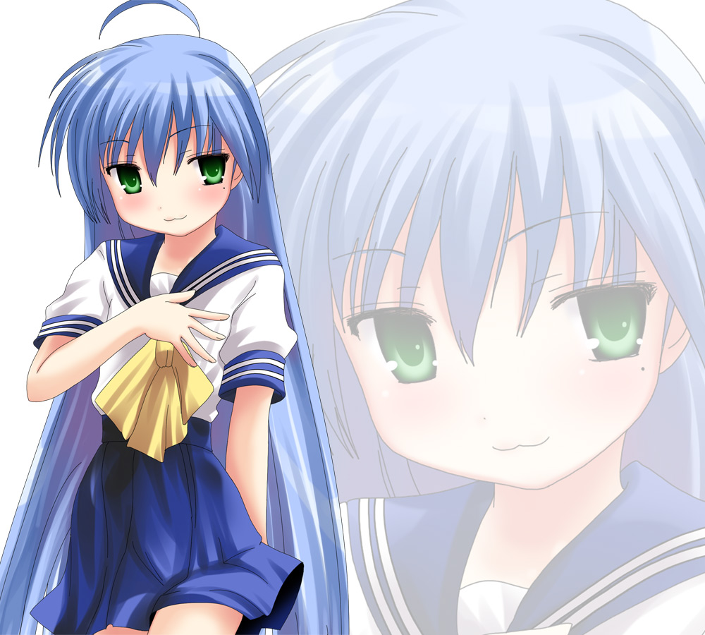 namamo nanase, izumi konata, lucky star, 00s, 1girl, :3, blue sailor collar, female focus, long hair, mole, mole under eye, sailor collar, school uniform, serafuku, solo, very long hair, zoom layer