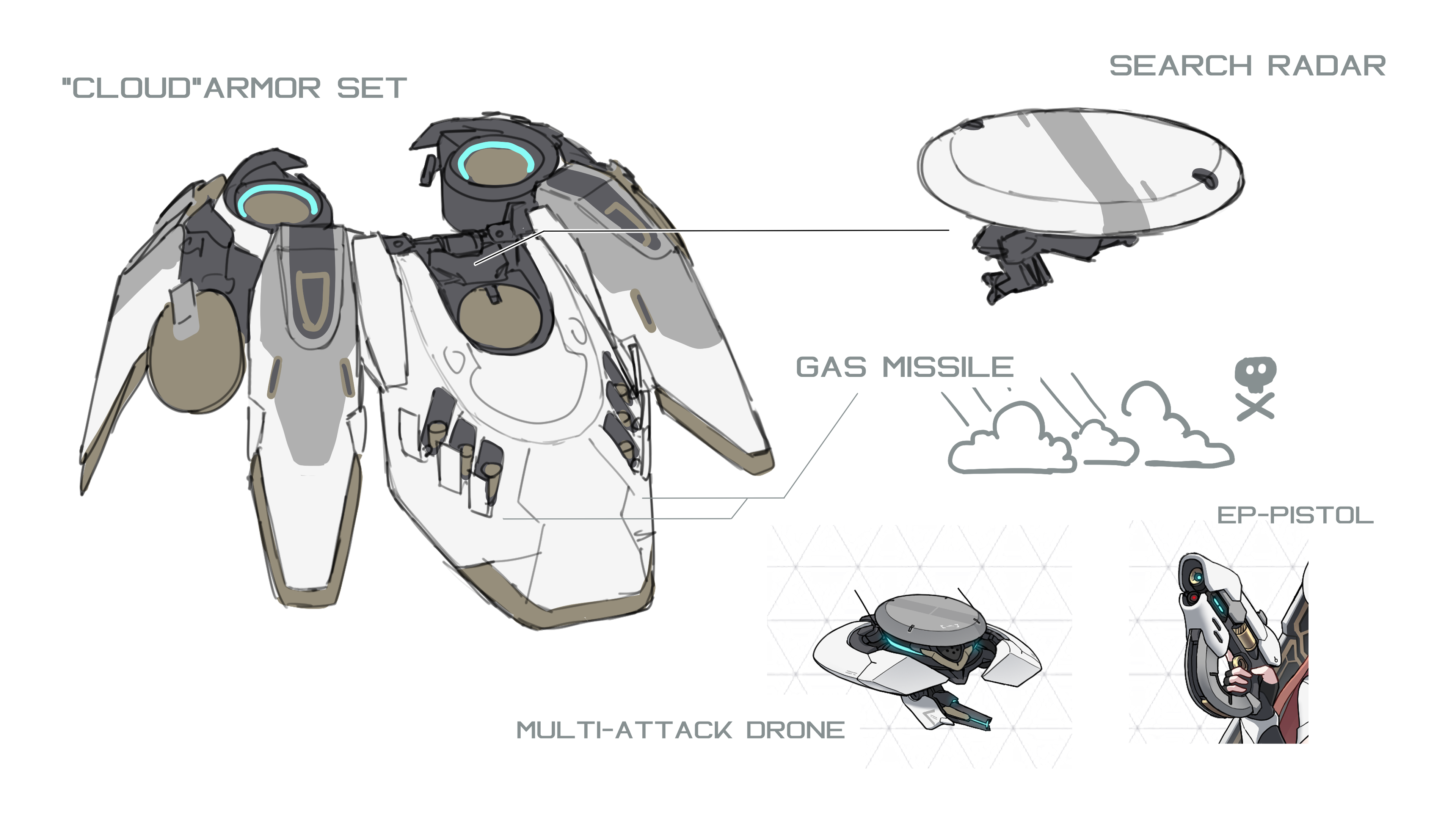 sherman (egnk2525), original, absurdres, highres, 1girl, drone, english text, fingerless gloves, gloves, gun, handgun, holding, holding gun, holding weapon, mechanical dress, radar dish, skull and crossbones, weapon, white background