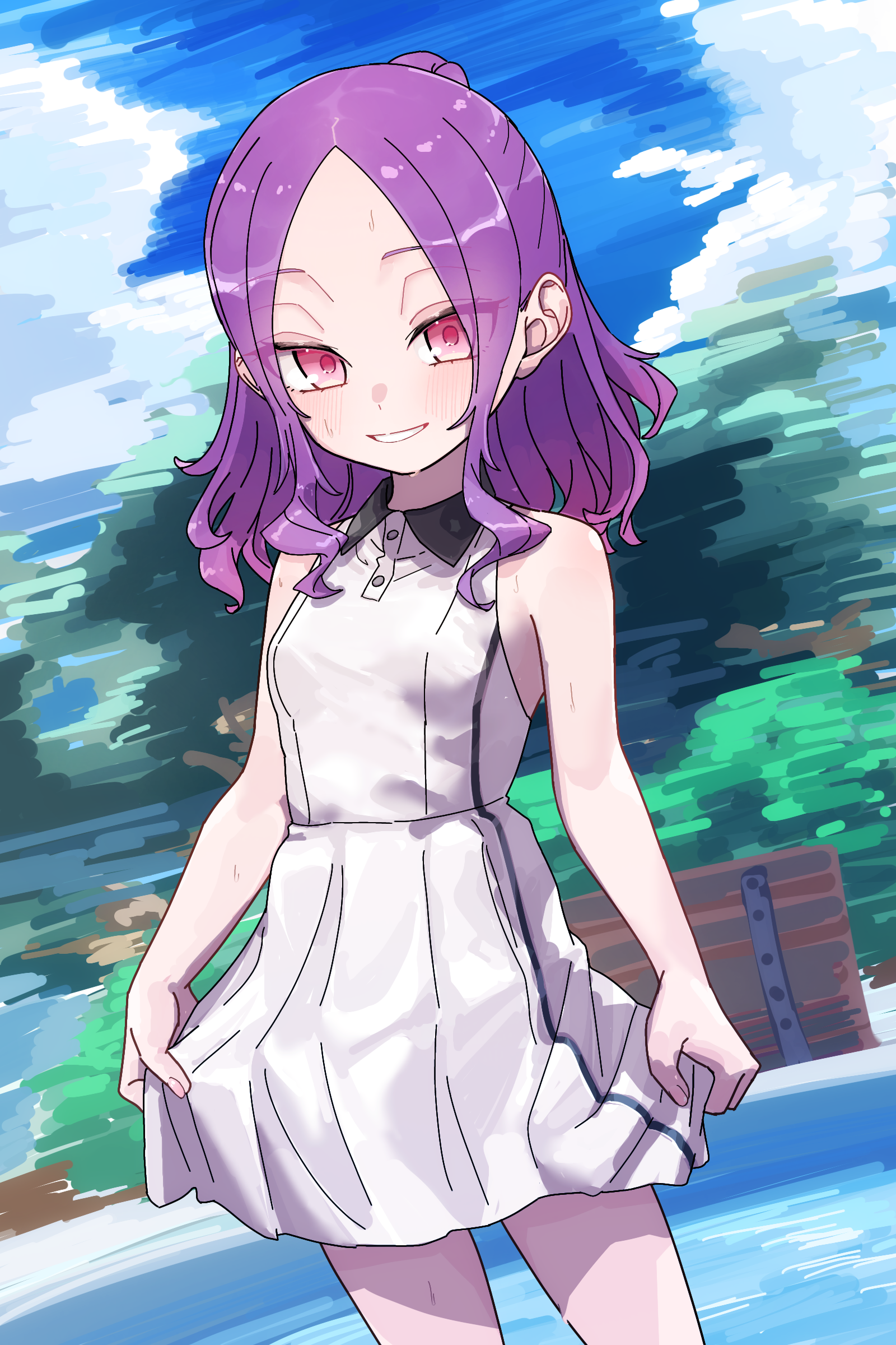 niwaikanai, wu zetian (fate), fate/grand order, fate (series), absurdres, highres, 1girl, bare shoulders, blush, breasts, collared dress, dress, forehead, grin, looking at viewer, medium hair, parted bangs, ponytail, purple eyes, purple hair, sidelocks, small breasts, smile, solo, white dress