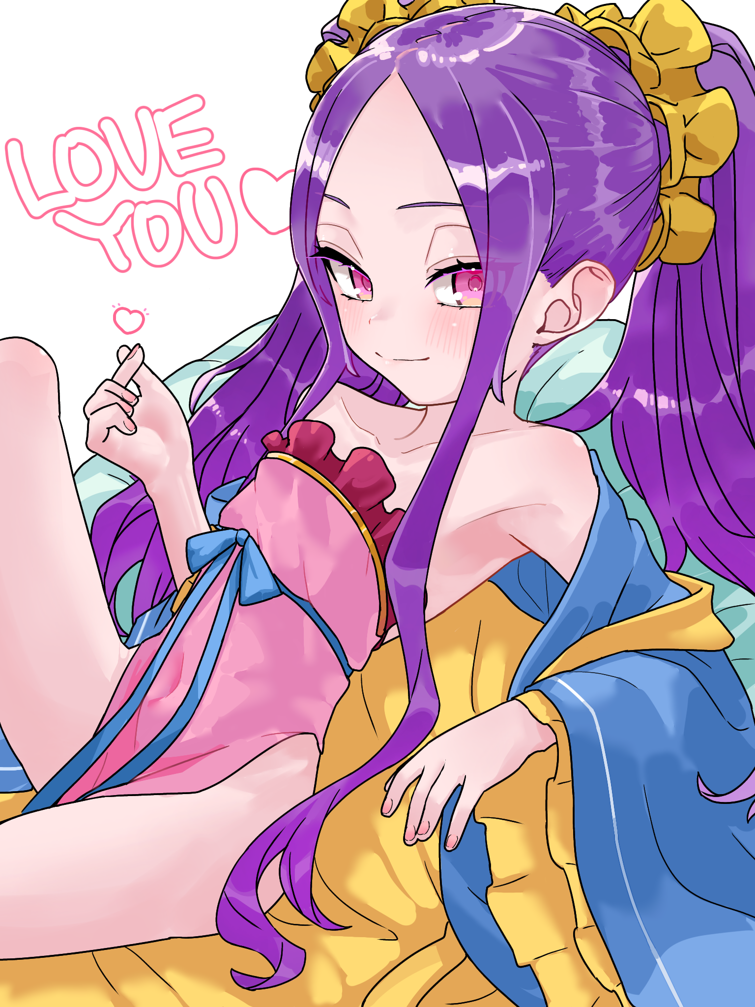 niwaikanai, wu zetian (fate), wu zetian (first ascension) (fate), fate/grand order, fate (series), highres, 1girl, blush, breasts, chinese clothes, covered navel, dress, english text, forehead, hair ornament, hair scrunchie, hanfu, long hair, long sleeves, looking at viewer, off shoulder, parted bangs, pelvic curtain, pink dress, purple eyes, purple hair, scrunchie, shawl, sidelocks, small breasts, smile, solo, thighs, twintails, very long hair, wide sleeves, yellow scrunchie