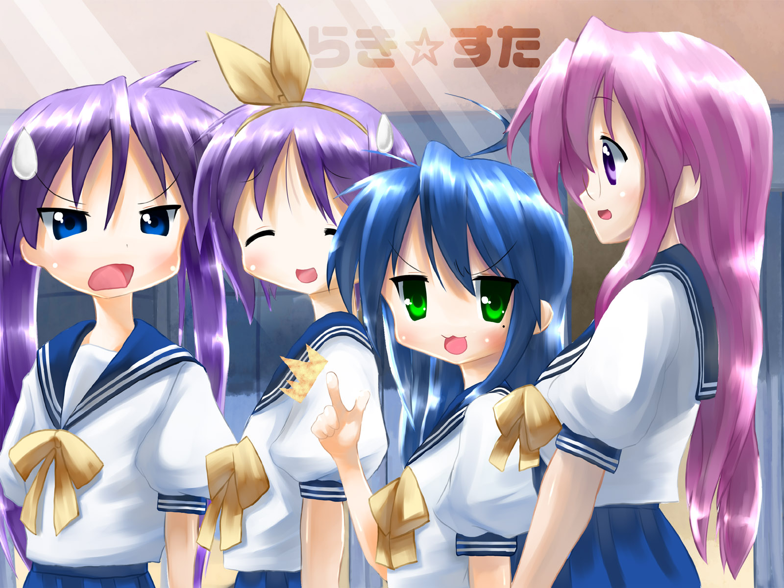 hiiragi kagami, hiiragi tsukasa, izumi konata, takara miyuki, lucky star, highres, 00s, 4girls, blue hair, glasses, green eyes, hairband, long hair, mole, mole under eye, multiple girls, pink hair, purple hair, school uniform, serafuku, short hair, siblings, sisters, skirt, standing, twins, twintails, upper body