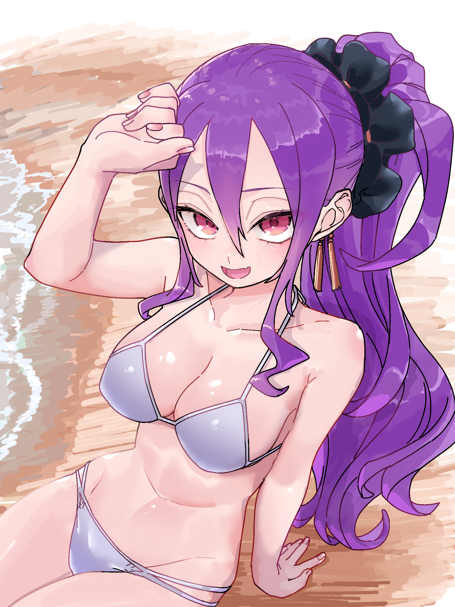 niwaikanai, wu zetian (fate), wu zetian (swimsuit caster) (fate), fate/grand order, fate (series), commentary request, highres, 1girl, bare shoulders, bikini, blush, breasts, cleavage, earrings, hair between eyes, hair ornament, hair scrunchie, jewelry, large breasts, long hair, looking at viewer, navel, open mouth, ponytail, purple eyes, purple hair, scrunchie, shore, sidelocks, smile, solo, swimsuit, very long hair