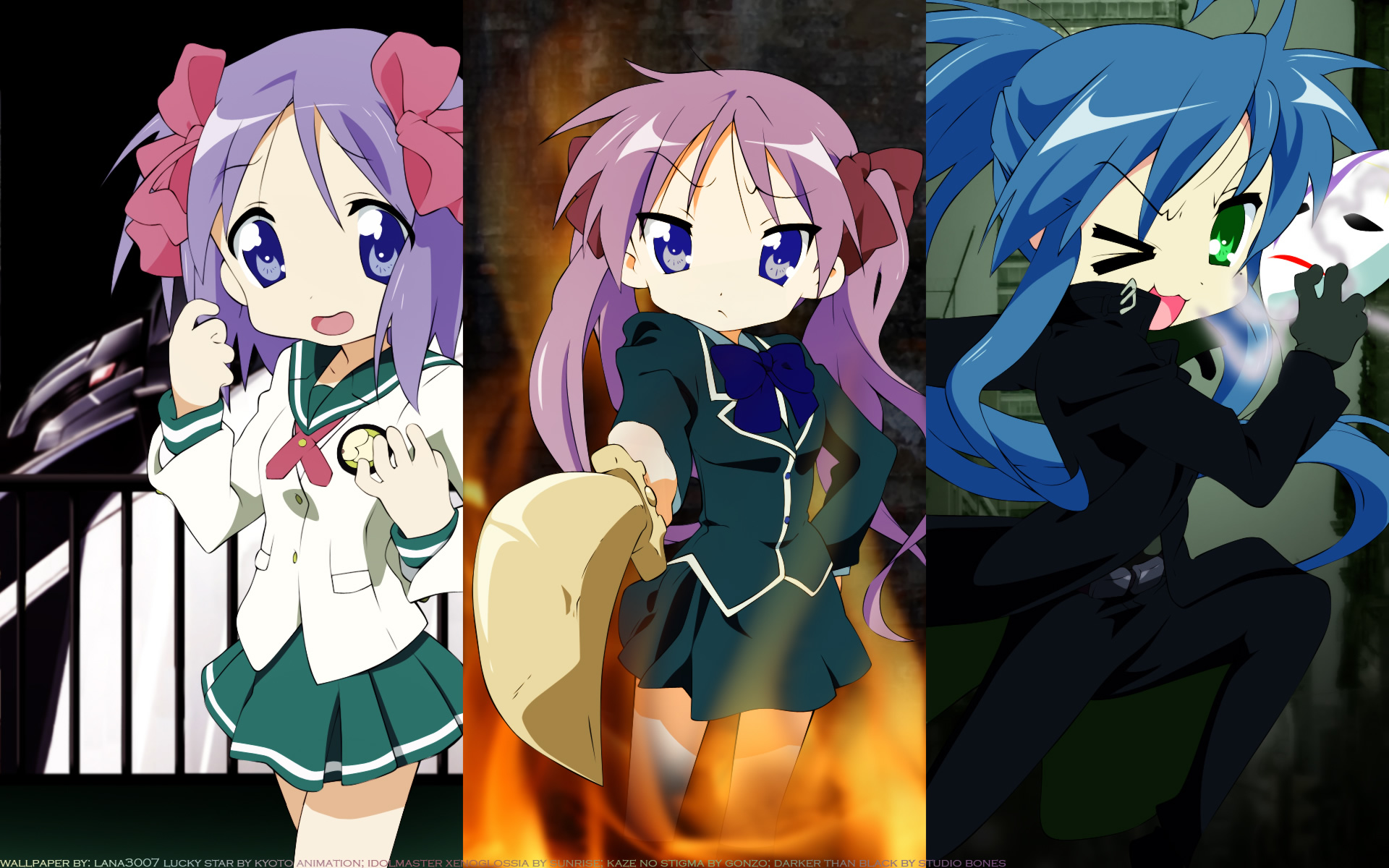hiiragi kagami, hiiragi tsukasa, izumi konata, darker than black, idolmaster, idolmaster xenoglossia, lucky star, shakugan no shana, highres, 3girls, cosplay, crossover, foreshortening, multiple girls, school uniform, serafuku, sisters, standing, sword, twins, weapon