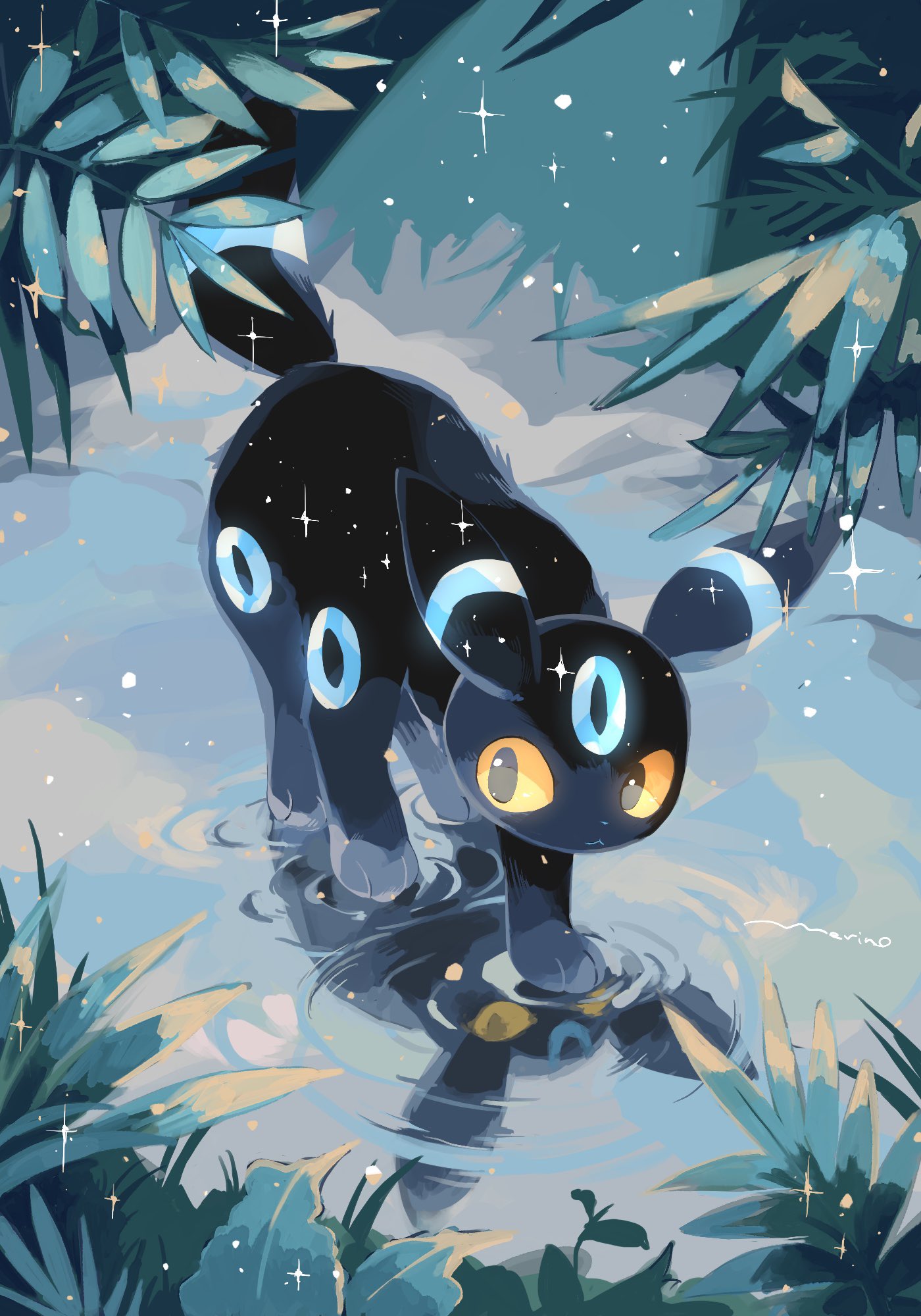 merino (merino 9999), umbreon, nintendo, pokemon, highres, alternate color, colored sclera, gen 2 pokemon, leaf, no humans, pokemon (creature), pokemon focus, reflection, shiny pokemon, standing, standing on liquid, walking, walking on liquid, water, yellow sclera