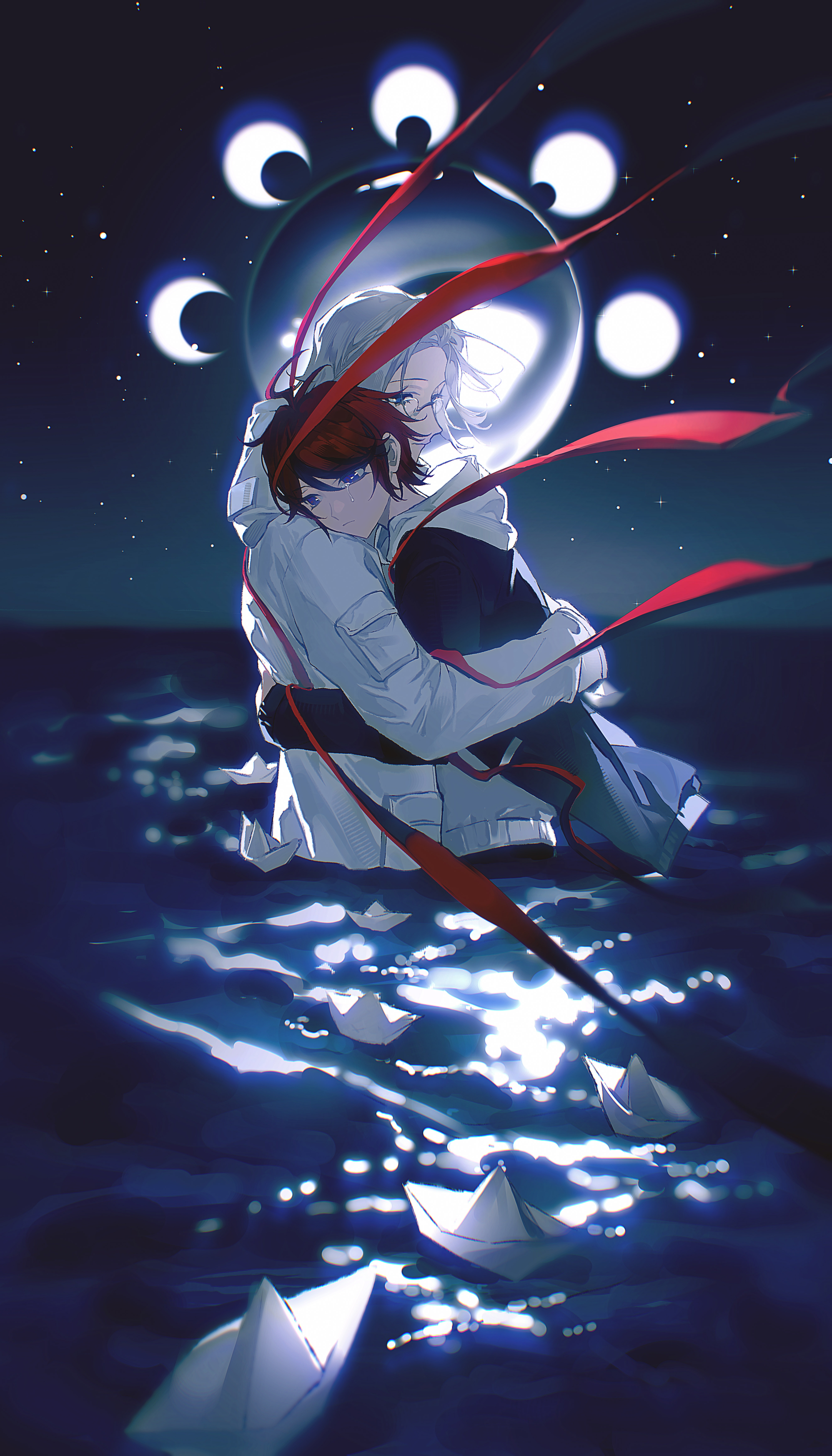 aizendai, aotsuki eito, sumino takumi, the hundred line -last defense academy-, absurdres, chinese commentary, commentary request, highres, partial commentary, 2boys, ahoge, black gloves, black streaks, blue eyes, crescent moon, crying, crying with eyes open, full moon, gibbous moon, glasses, gloves, grey hair, grey jacket, hood, hoodie, horizon, hug, jacket, looking ahead, male focus, moon, moon phases, multicolored hair, multiple boys, night, ocean, paper boat, pocket, red hair, red ribbon, ribbon, short hair, sleeve pouch, star (sky), streaked hair, tears, wading, white hoodie, white jacket