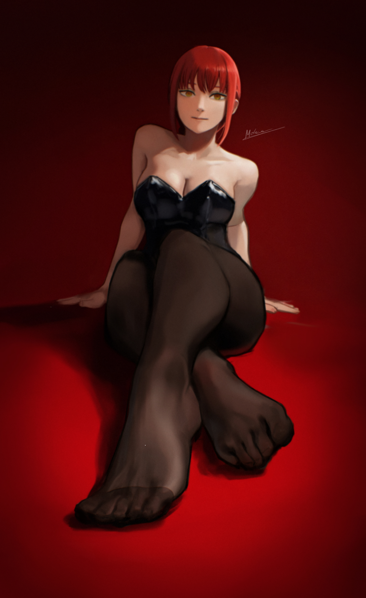 melon017, makima (chainsaw man), chainsaw man, commentary, english commentary, highres, 1girl, alternate costume, arm support, black leotard, black pantyhose, blurry, blurry background, breasts, cleavage, closed mouth, large breasts, leotard, looking at viewer, pantyhose, red background, red hair, sidelocks, sitting, solo, strapless, strapless leotard, yellow eyes