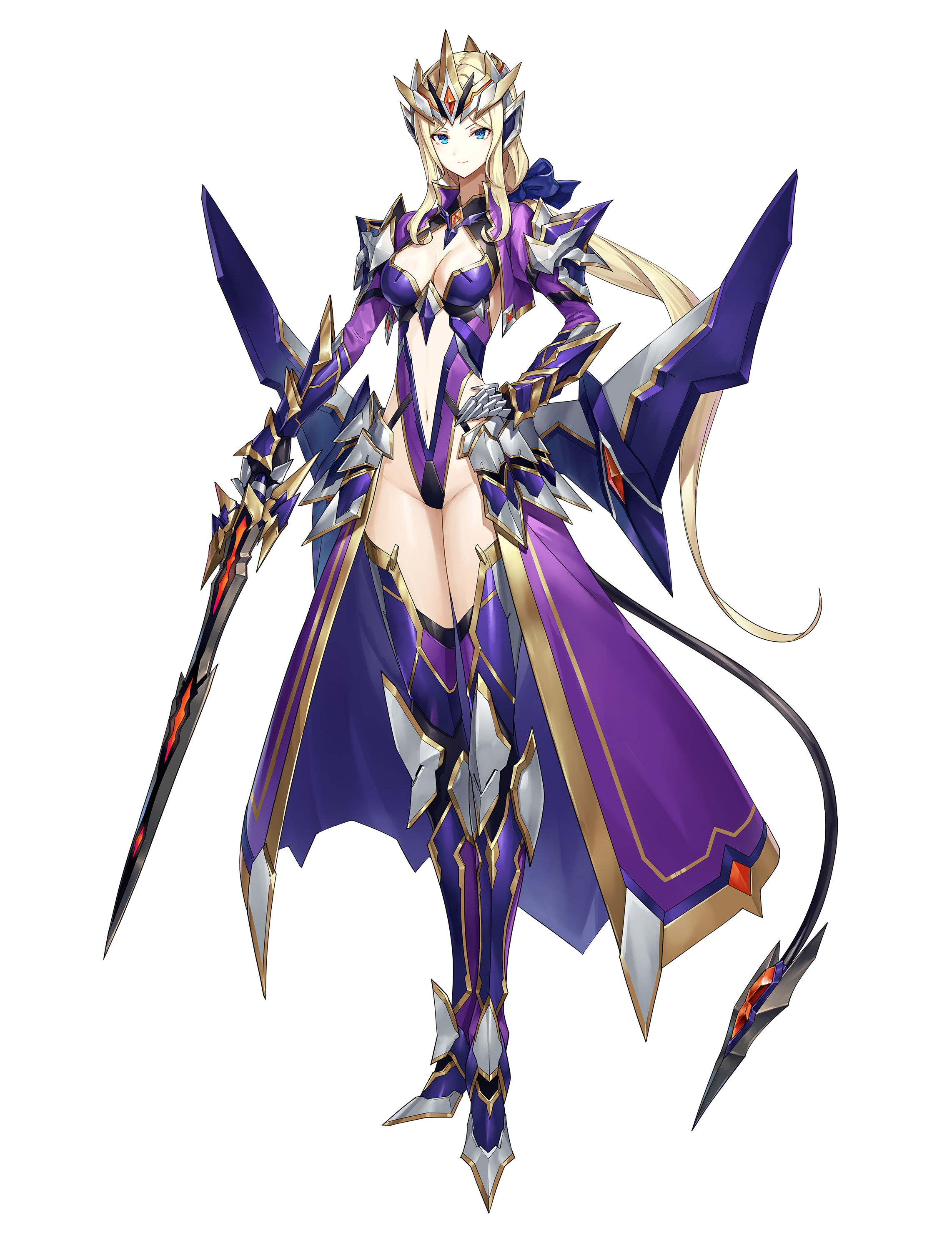 mytea (soso), original, absurdres, highres, 1girl, armored boots, blonde hair, blue eyes, boots, breasts, circlet, full body, hand on own hip, holding, holding sword, holding weapon, long hair, low wings, mechanical wings, medium breasts, navel, smile, solo, sword, thighhighs, very long hair, waist cape, weapon, white background, wings