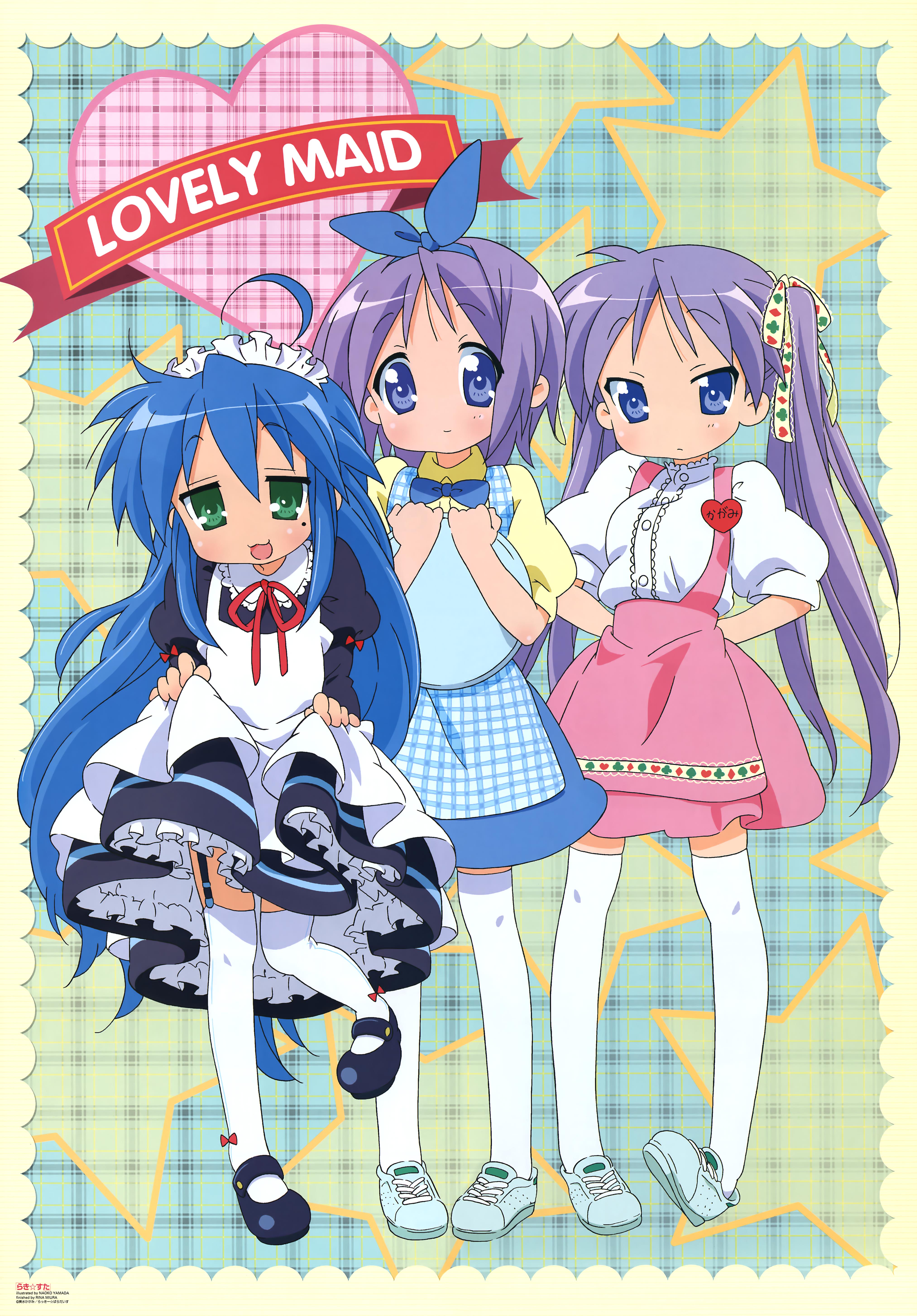yamada naoko, hiiragi kagami, hiiragi tsukasa, izumi konata, anna miller, lucky star, newtype, white legwear, absurdres, highres, official art, scan, 00s, 3girls, :3, ahoge, alternate costume, apron, aqua shoes, blouse, blue eyes, blue hair, bow, center frills, clothes lift, dress, dress lift, enmaided, frills, garter straps, gingham apron, green eyes, kobeya uniform, maid, mole, mole under eye, multiple girls, plaid apron, plaid clothes, purple hair, ribbon, shirt, shoes, siblings, sisters, skirt, standing, suspender skirt, suspenders, thighhighs, twins, twintails, waitress, white shirt