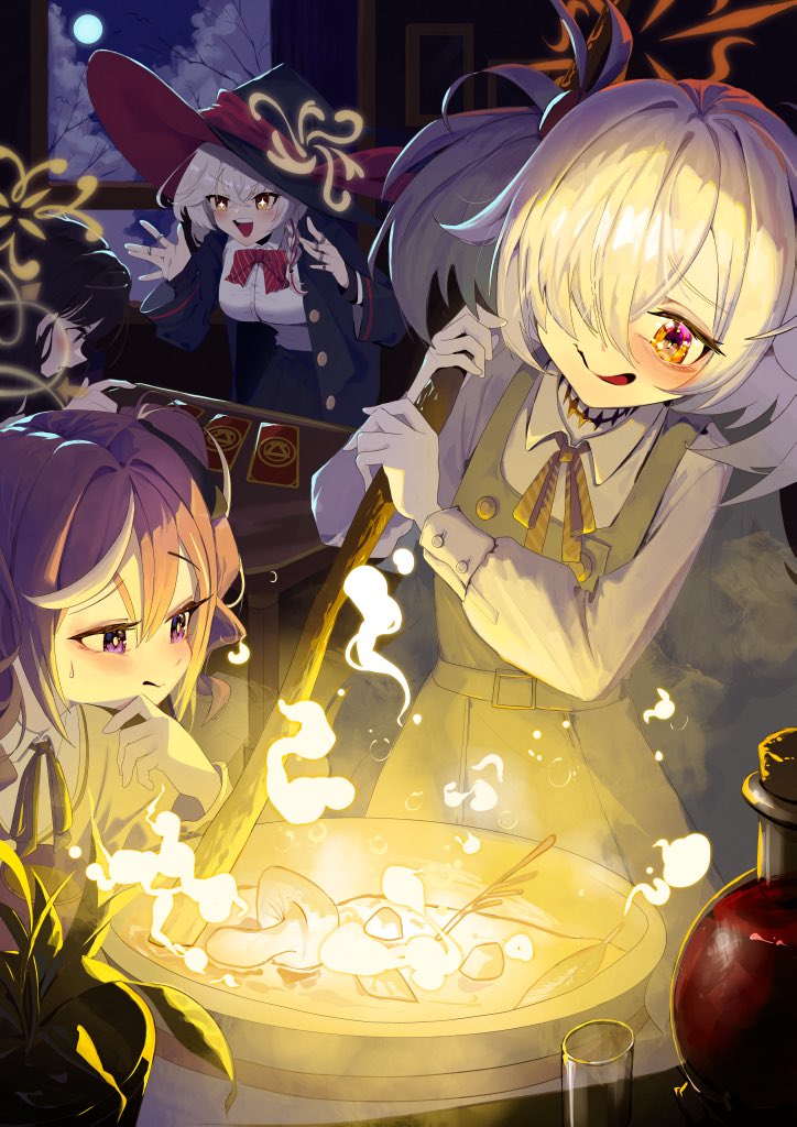 kongaru 123, eri (blue archive), kanoe (blue archive), rena (blue archive), tsumugi (blue archive), blue archive, black dress, bow, bowtie, collared shirt, cooking pot, dress, grey hair, hair over one eye, halo, hat, jacket, long hair, long sleeves, multiple girls, mushroom, open mouth, pinafore dress, potion, red bow, ribbon, shirt, sleeveless, sleeveless dress, smile, two side up, white shirt, witch hat