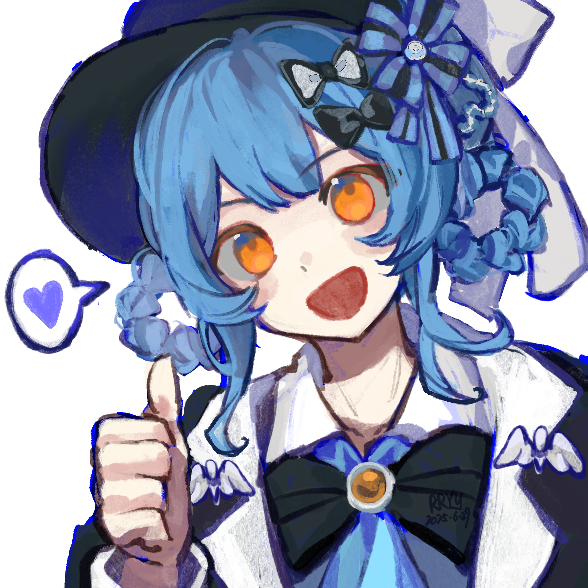 rryy, tachibana sherry, mahou shoujo no majo saiban, chinese commentary, commentary request, highres, 1girl, :d, black bow, black hat, blue hair, bow, braid, braided hair rings, collared shirt, detective, hair bow, hair rings, hat, heart, looking at viewer, magical girl, open mouth, orange eyes, shirt, short hair, simple background, smile, solo, spoken heart, thumbs up, upper body, white background, white shirt