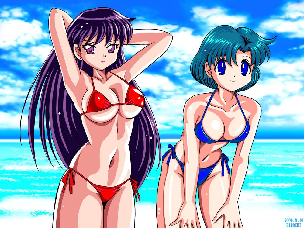 pirochi, hino rei, mizuno ami, bishoujo senshi sailor moon, 00s, 1990s (style), 2006, 2girls, bikini, breasts, cleavage, cloud, multiple girls, side-tie bikini bottom, sky, swimsuit