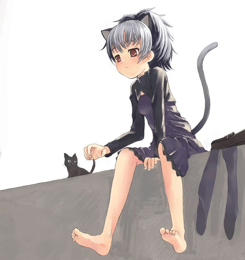 yamamoto shima, mao (darker than black), yin (darker than black), darker than black, 00s, 1girl, animal ears, barefoot, black cat, black pantyhose, cat, cat ears, cat tail, feet, female focus, pantyhose, soles, solo, tail, toes