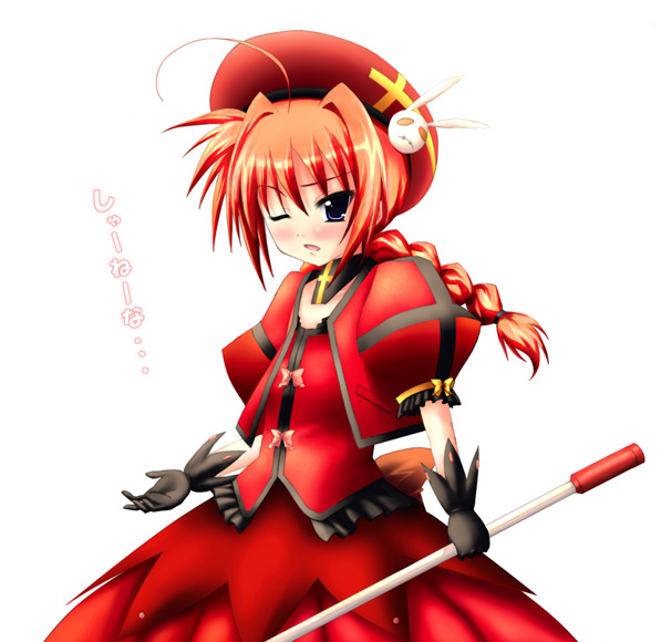 yuuga raito, graf eisen, vita (nanoha), lyrical nanoha, mahou shoujo lyrical nanoha, mahou shoujo lyrical nanoha strikers, translation request, 00s, 1girl, ahoge, braid, female focus, gloves, hat, jacket, magical girl, one eye closed, open clothes, open jacket, red hair, solo, twin braids