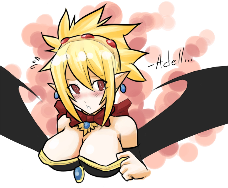 eu03, rozalin, disgaea, makai senki disgaea 2, nippon ichi, 1girl, blonde hair, bow, bowtie, breasts, female focus, hairband, large breasts, pointy ears, red eyes, solo, wings
