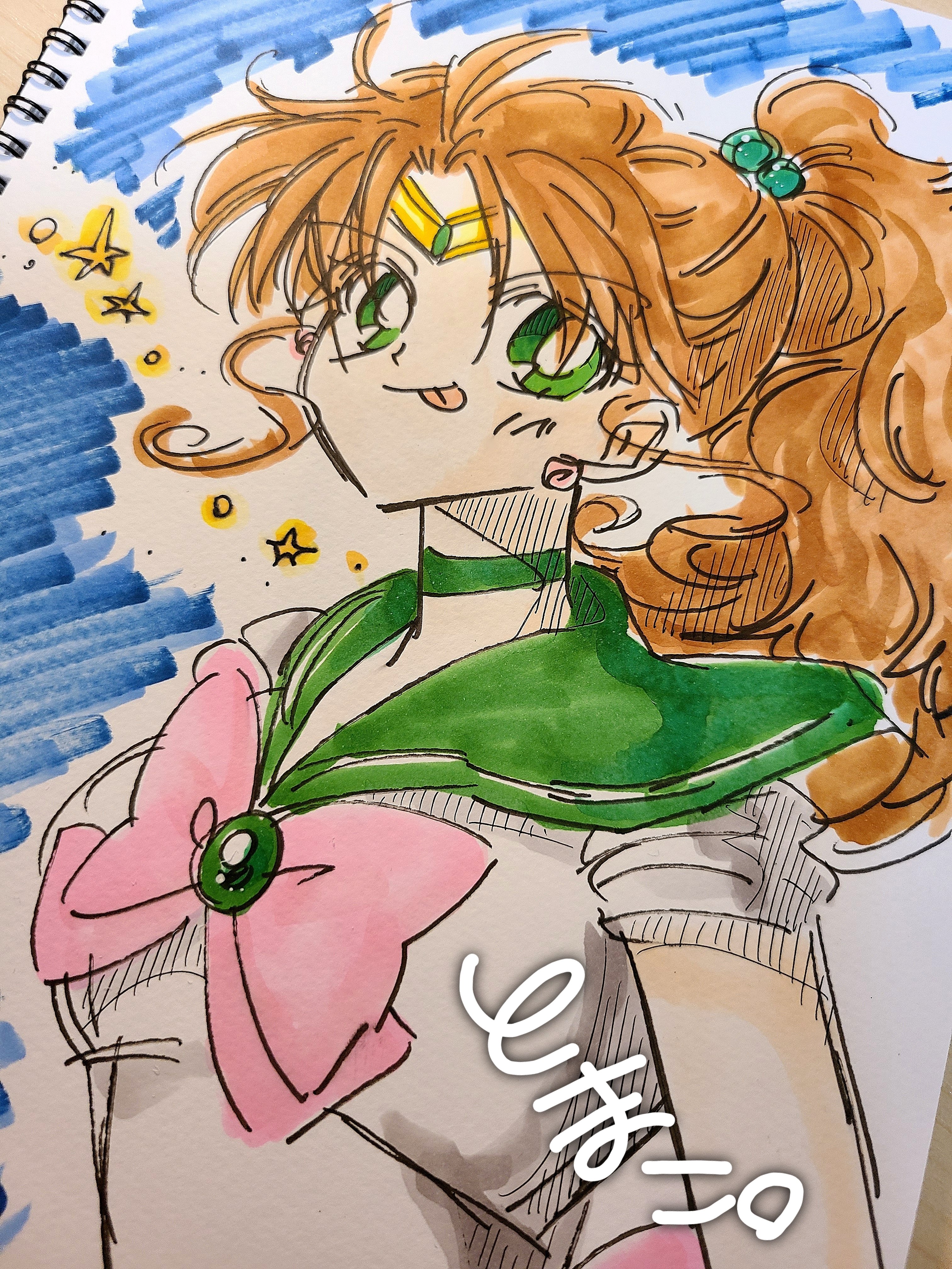 rockcandy 0000, kino makoto, sailor jupiter, bishoujo senshi sailor moon, absurdres, highres, traditional media, 1girl, :p, bow, brown hair, choker, earrings, elbow gloves, gloves, green choker, green eyes, green sailor collar, hair bobbles, hair ornament, jewelry, long hair, multiple girls, pink bow, ponytail, sailor collar, sailor senshi uniform, smile, solo, tongue, tongue out, white gloves
