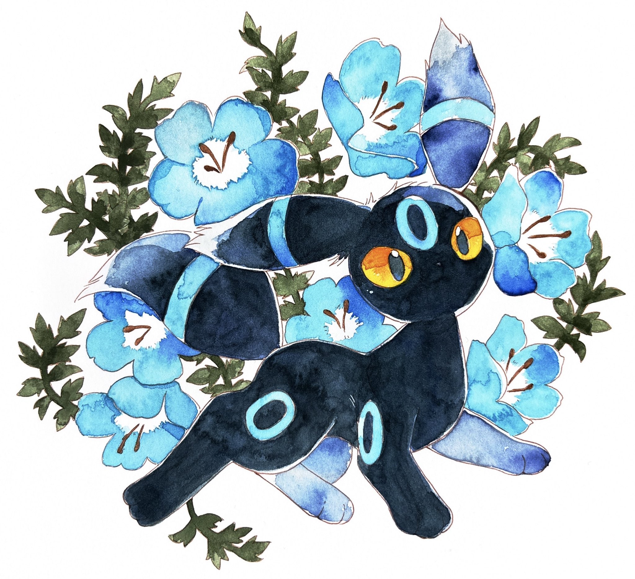 merino (merino 9999), umbreon, nintendo, pokemon, highres, painting (medium), traditional media, alternate color, black eyes, blue flower, colored sclera, flower, gen 2 pokemon, no humans, pokemon (creature), pokemon focus, shiny pokemon, simple background, solo, white background, yellow sclera