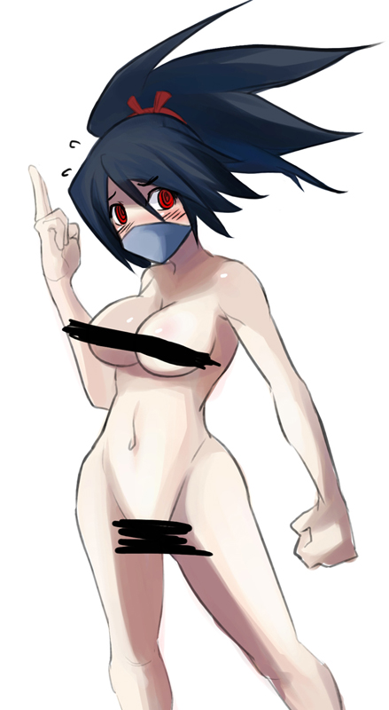 eu03, kunoichi (disgaea), ninja (disgaea), disgaea, makai senki disgaea 2, nippon ichi, 1girl, black hair, blush, breasts, censored, censored nipples, cleavage, clenched hand, female focus, hairband, long hair, mask, ninja, nude, pale skin, ponytail, red eyes, scrunchie, solo