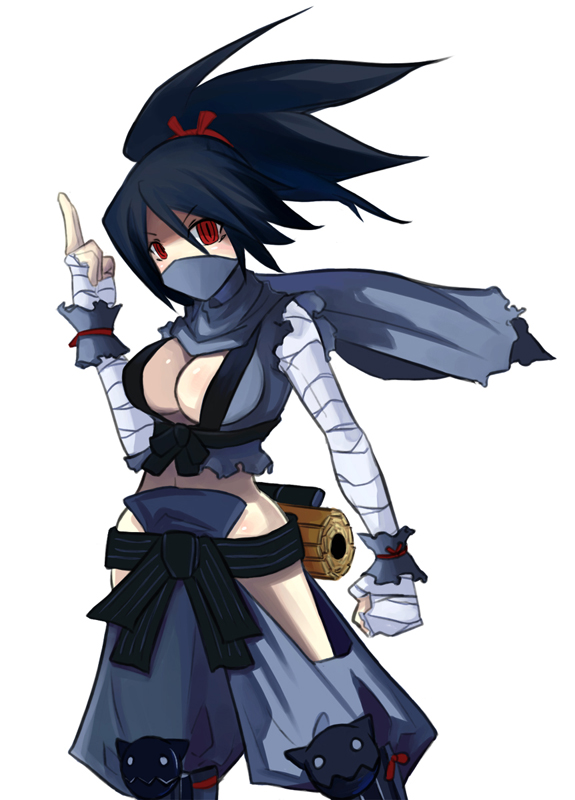 eu03, kunoichi (disgaea), ninja (disgaea), disgaea, makai senki disgaea 2, nippon ichi, 1girl, armor, black hair, breasts, cleavage, clenched hand, female focus, greaves, hairband, hakama, hakama skirt, half mask, japanese clothes, knee pads, large breasts, long hair, mask, mouth mask, ninja, ninja mask, no panties, pale skin, ponytail, red eyes, scarf, scrunchie, skirt, solo, wrist cuffs, wrist wrap