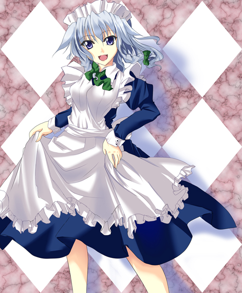 crown macchiato, oimari, izayoi sakuya, touhou, silver hair, 1girl, apron, blue eyes, braid, female focus, short hair, solo, twin braids