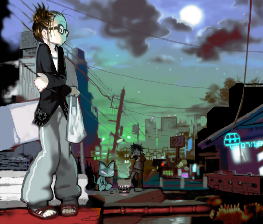 kawaguchi youhei, original, pot, 1boy, 1girl, bag, blurry, bokeh, cat, chopsticks, city, cloud, cloudy sky, concrete, depth of field, eating, food, glasses, grass, industrial pipe, moon, mushroom, neon lights, night, noodles, pants, plastic bag, ramen, sandals, sign, sky, star (sky), starry sky, sweatpants, tree, utility pole