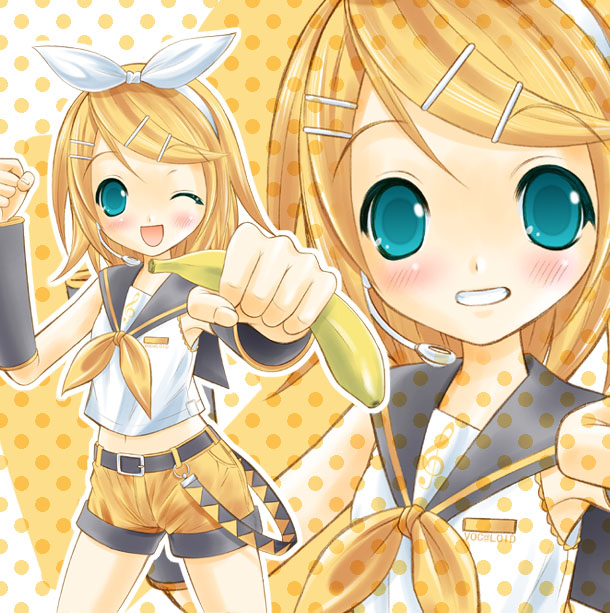 takeshita kenjirou, kagamine rin, vocaloid, 1girl, aqua eyes, banana, blonde hair, blouse, blush, female focus, food, fruit, holding, holding food, holding fruit, one eye closed, shirt, short shorts, shorts, solo, white shirt, wink