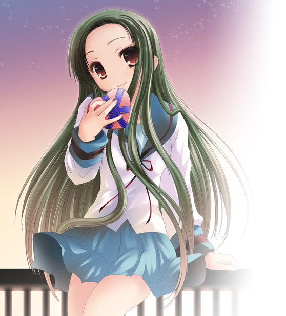 namamo nanase, tsuruya, suzumiya haruhi no yuuutsu, 00s, long hair, school uniform, serafuku, solo, valentine, very long hair