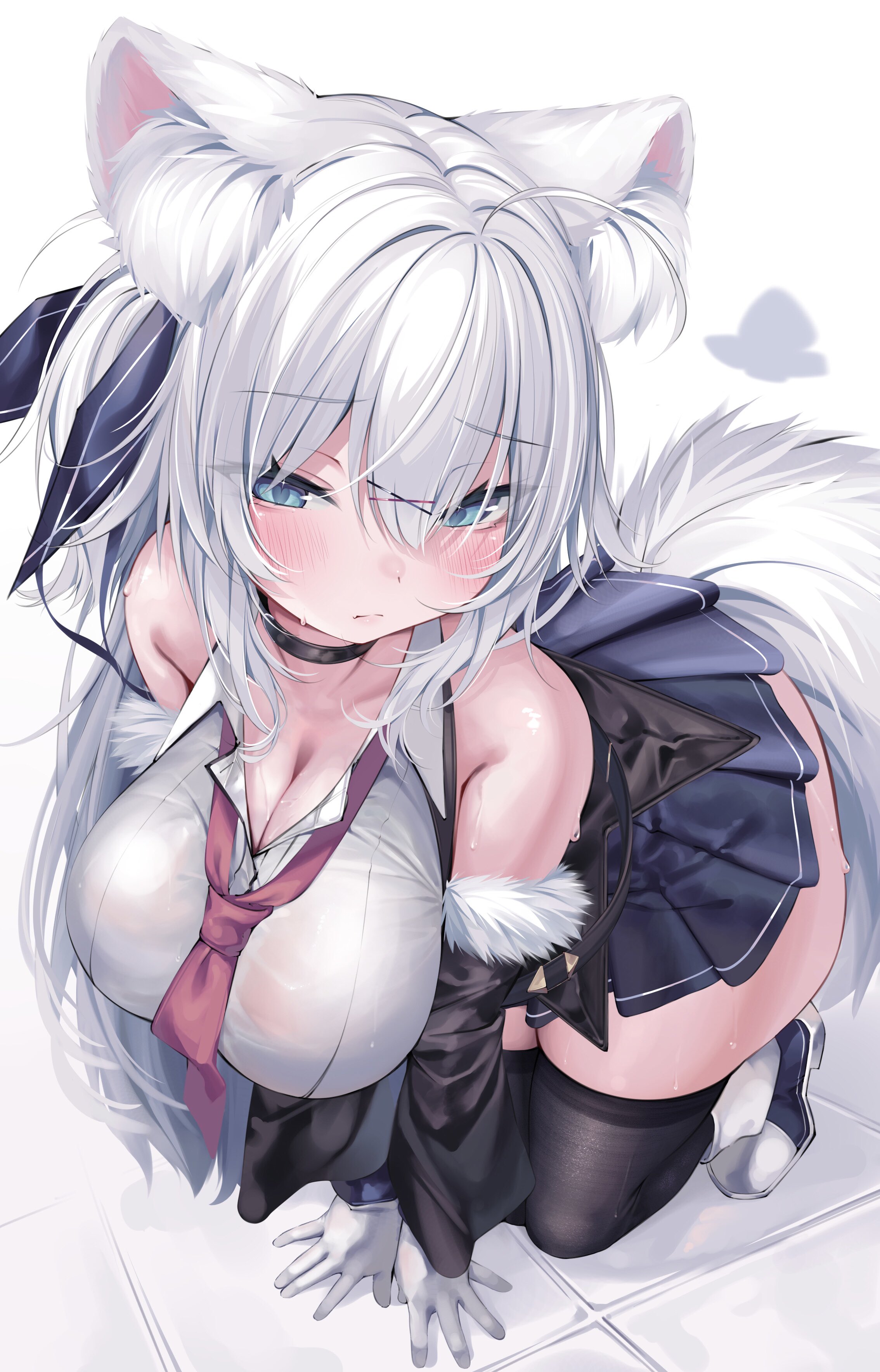konagi (konotuki), original, absurdres, highres, 1girl, ahoge, all fours, animal ear fluff, animal ears, black thighhighs, blue eyes, blue ribbon, blue skirt, blush, breasts, cleavage, detached sleeves, double-parted bangs, fox ears, fox girl, fox tail, fur-trimmed sleeves, fur trim, gloves, hair between eyes, hair ornament, hair ribbon, large breasts, long hair, looking at viewer, miniskirt, necktie, one side up, pleated skirt, red necktie, ribbon, shirt, skirt, sleeveless, sleeveless shirt, solo, tail, thighhighs, thighs, very long hair, white gloves, white hair, white shirt, x hair ornament