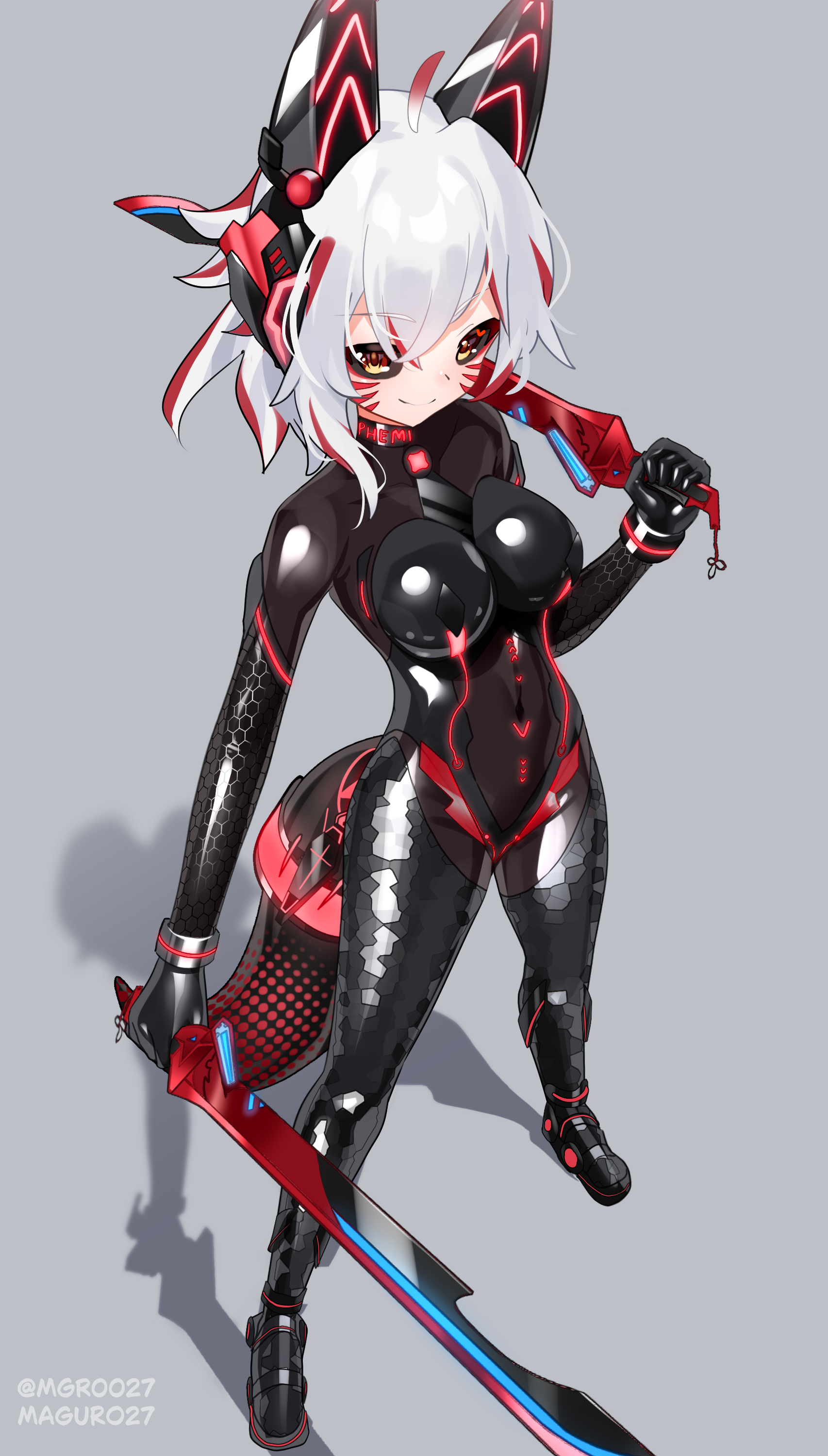 maguro27, original, absurdres, commission, highres, variant set, 1girl, ahoge, animal ears, black bodysuit, black sclera, bodysuit, breasts, colored sclera, dual wielding, facial mark, full body, grey background, holding, holding sword, holding weapon, latex, latex bodysuit, looking at viewer, medium breasts, multicolored hair, neon trim, over shoulder, red hair, shadow, shiny clothes, skin tight, solo, standing, streaked hair, sword, tail, two-tone hair, weapon, weapon over shoulder, white hair, yellow eyes