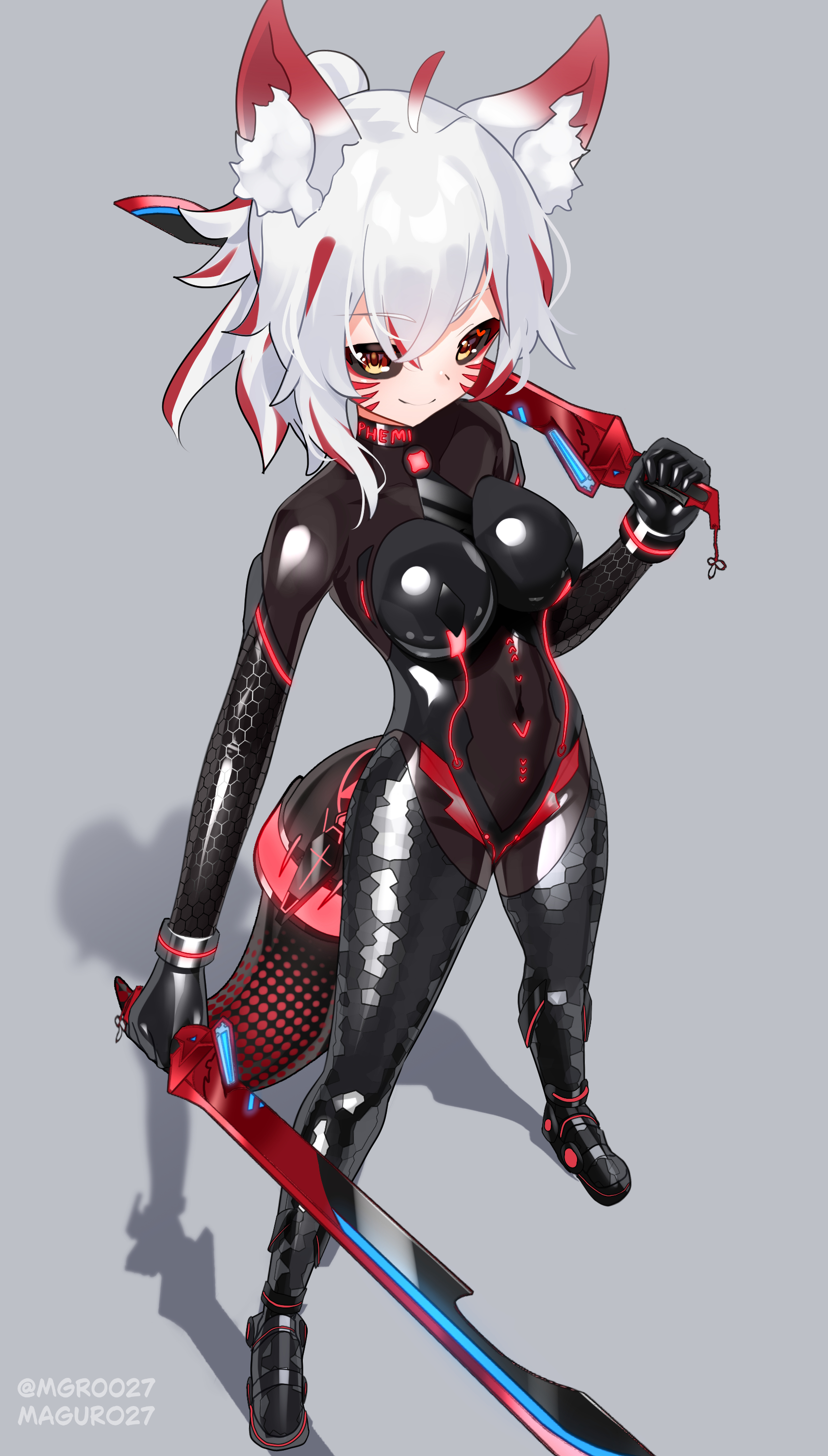 maguro27, original, absurdres, commission, highres, variant set, 1girl, ahoge, animal ear fluff, animal ears, black bodysuit, black sclera, bodysuit, breasts, colored sclera, dual wielding, facial mark, full body, grey background, holding, holding sword, holding weapon, latex, latex bodysuit, looking at viewer, medium breasts, multicolored hair, neon trim, over shoulder, red hair, shadow, shiny clothes, skin tight, solo, standing, streaked hair, sword, tail, two-tone hair, weapon, weapon over shoulder, white hair, yellow eyes