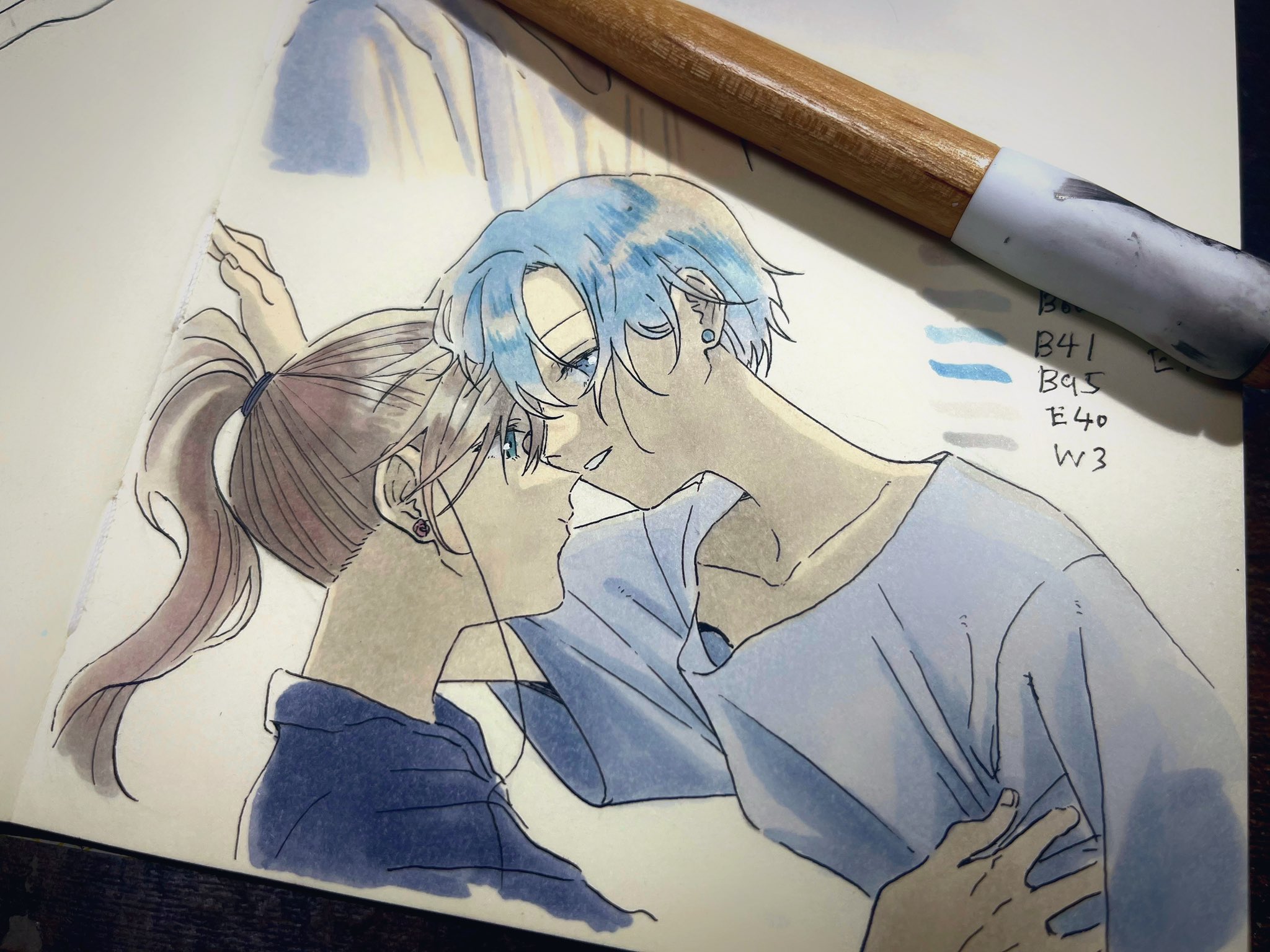 aribezi, kino makoto, mizuno ami, bishoujo senshi sailor moon, highres, 2girls, blue eyes, blue hair, blue shirt, brown hair, collarbone, earrings, flower earrings, green eyes, grey shirt, hair bobbles, hair ornament, jewelry, long hair, multiple girls, ponytail, shirt, short hair, yuri