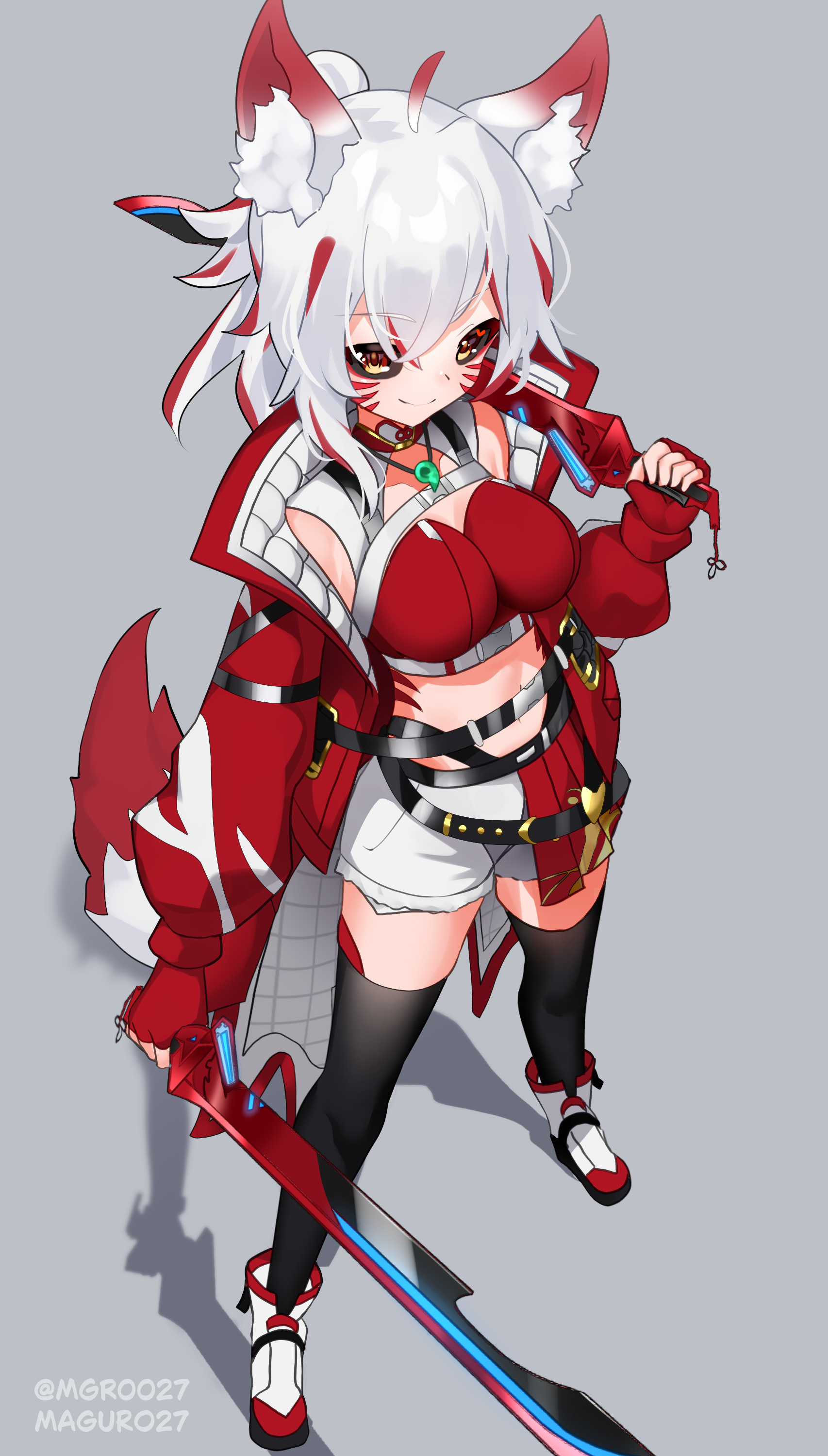 maguro27, original, absurdres, commission, highres, variant set, 1girl, ahoge, animal ears, black sclera, breasts, colored sclera, dual wielding, facial mark, fingerless gloves, full body, gloves, grey background, holding, holding sword, holding weapon, jacket, looking at viewer, medium breasts, midriff, multicolored hair, over shoulder, red gloves, red hair, red jacket, shadow, shorts, solo, standing, streaked hair, sword, tail, thighhighs, two-tone hair, weapon, weapon over shoulder, white hair, yellow eyes