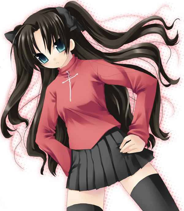 sazaki ichiri, tohsaka rin, fate/stay night, fate (series), 00s, 1girl, black thighhighs, female focus, solo, thighhighs, turtleneck, zettai ryouiki
