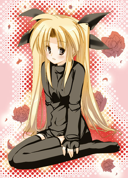 arikawa satoru, fate testarossa, lyrical nanoha, mahou shoujo lyrical nanoha, mahou shoujo lyrical nanoha strikers, 00s, 1girl, :o, black thighhighs, blonde hair, blush, bow, breasts, covered erect nipples, covered navel, female focus, flower, full body, long sleeves, medium breasts, parted lips, rose, sidelocks, sitting, skin tight, solo, sweater, thighhighs, twintails, wariza, zettai ryouiki