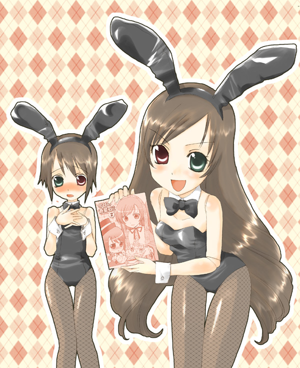 chachacha, souseiseki, suiseiseki, rozen maiden, 00s, 2girls, animal ears, brown hair, fake animal ears, heterochromia, long hair, multiple girls, pantyhose, playboy bunny, rabbit ears, short hair, siblings, sisters, twins