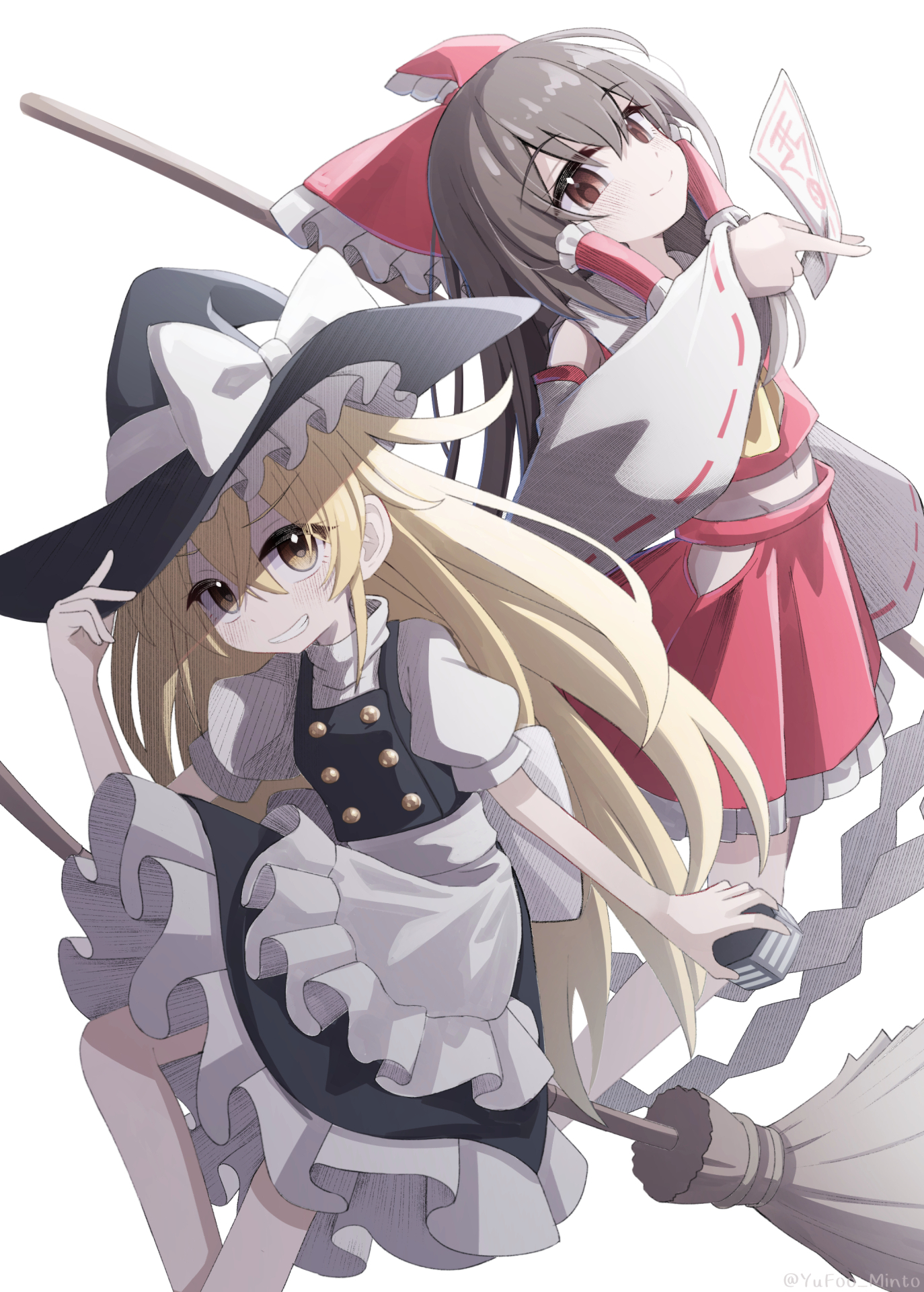 minto yupo, hakurei reimu, kirisame marisa, touhou, commentary, highres, 2girls, apron, ascot, between fingers, black hat, black skirt, black vest, blonde hair, bow, broom, broom riding, brown eyes, brown hair, closed mouth, clothing cutout, detached sleeves, embellished costume, frilled bow, frilled hair tubes, frills, gohei, grin, hair bow, hair tubes, hat, hat bow, hip vent, holding, holding gohei, long hair, looking at viewer, midriff, mini-hakkero, multiple girls, navel, ofuda, ofuda between fingers, puffy short sleeves, puffy sleeves, red bow, red skirt, ribbon-trimmed sleeves, ribbon trim, short sleeves, skirt, skirt set, smile, twitter username, very long hair, vest, waist apron, white apron, white bow, witch hat, yellow ascot, yellow eyes