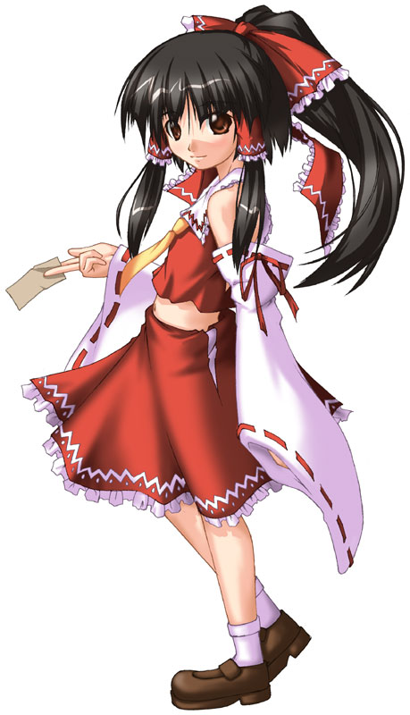 karin tou, hakurei reimu, touhou, 1girl, ascot, between fingers, black hair, bow, brown eyes, detached sleeves, female focus, hair bow, hair tubes, holding, japanese clothes, long hair, midriff, miko, ofuda, ofuda between fingers, sarashi, shoes, skirt, skirt set, socks, solo, wide sleeves