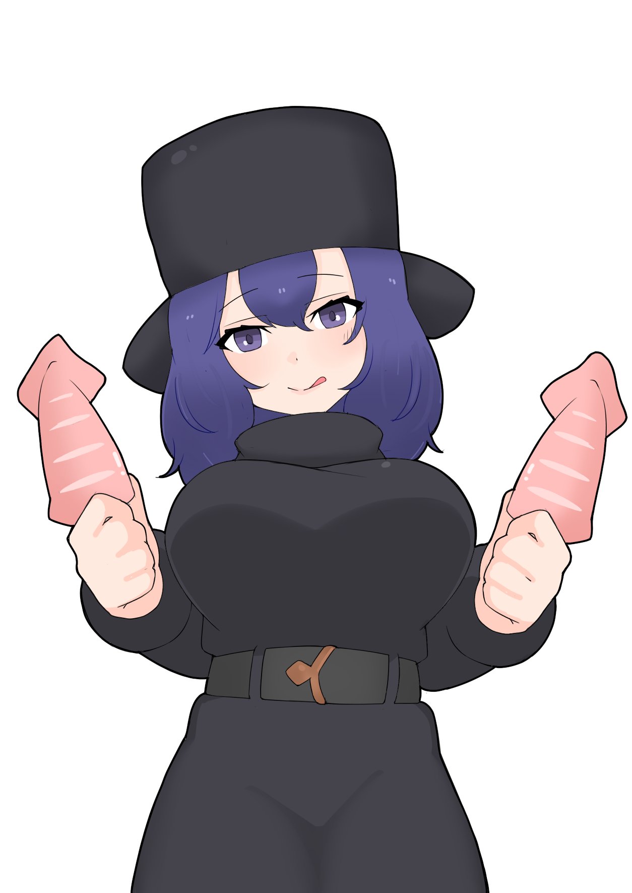 illu (illu stratos), kemono friends, highres, 1girl, :p, belt, black belt, black hat, black skirt, black sweater, blue eyes, blue hair, blush, cowboy shot, fins, hair between eyes, hat, head fins, long sleeves, looking at viewer, pencil skirt, sidelocks, skirt, solo, sperm whale (kemono friends), squid, sweater, tongue, tongue out, turtleneck, turtleneck sweater, upper body, ushanka, whale girl