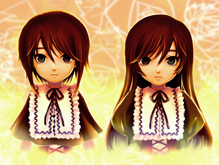 mizunomoto, souseiseki, suiseiseki, rozen maiden, 00s, 2girls, black ribbon, blue eyes, capelet, cross-laced clothes, frills, frown, hair between eyes, juliet sleeves, long hair, long sleeves, looking at viewer, multiple girls, neck ribbon, puffy sleeves, red eyes, red hair, ribbon, siblings, sisters, swept bangs, twins