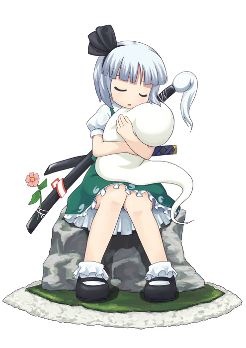 gahiro, sunviola, konpaku youmu, konpaku youmu (ghost), touhou, 1girl, closed eyes, female focus, hitodama, hug, sitting, sleeping, sleeping upright, solo, sword, weapon