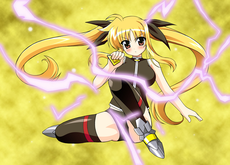 chirorian, bardiche (nanoha), fate testarossa, lyrical nanoha, mahou shoujo lyrical nanoha, mahou shoujo lyrical nanoha strikers, 00s, 1girl, ankle boots, armor, armored boots, blonde hair, boots, bow, electricity, female focus, floating hair, full body, lightning, looking at viewer, magical girl, red eyes, simple background, sitting, solo, thighhighs, thighs, twintails, wind, yellow background