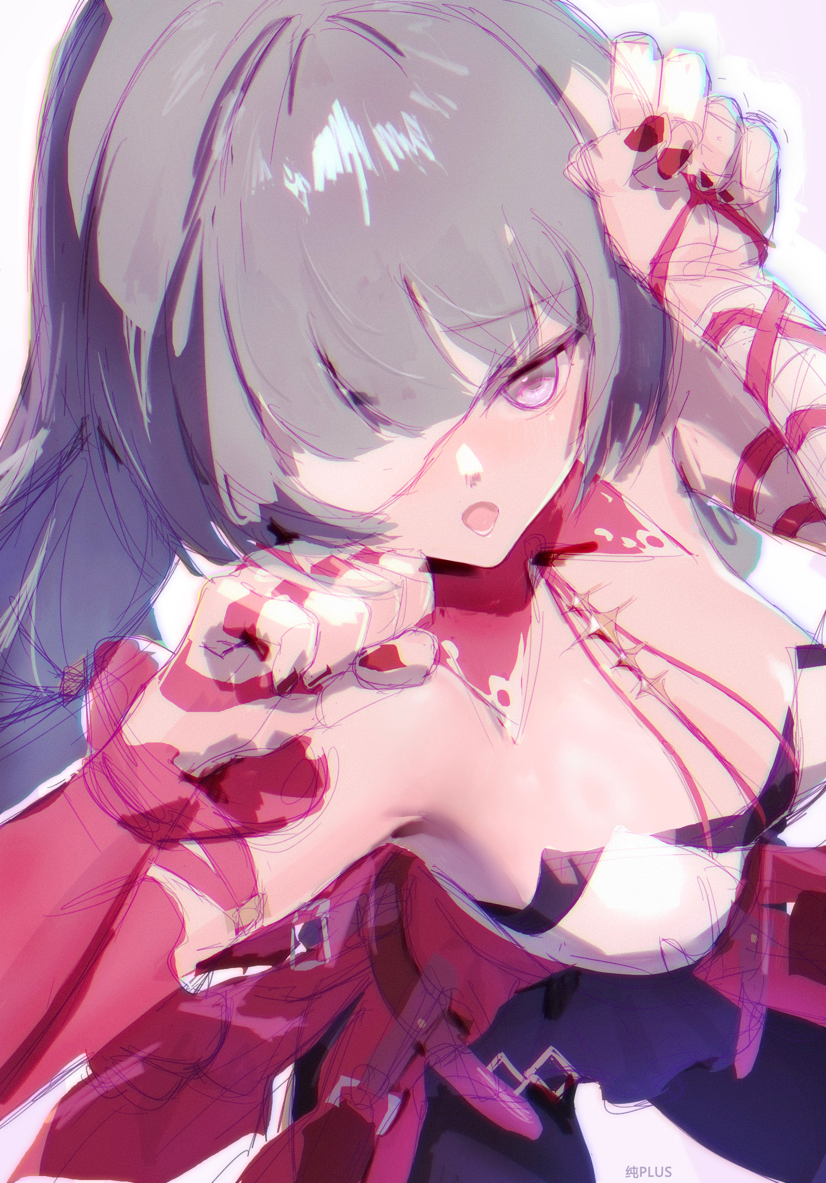 shou xian wu, phrolova (wuthering waves), wuthering waves, chinese commentary, commentary request, highres, partial commentary, 1girl, :o, bandage over one eye, bandaged arm, bandages, bare shoulders, black pantyhose, black skirt, breasts, chromatic aberration, detached sleeves, dress, from above, grey hair, halter dress, halterneck, hands up, long hair, looking at viewer, looking up, medium breasts, nail polish, open mouth, out of character, pantyhose, paw pose, purple eyes, red dress, red nails, single detached sleeve, skirt, solo
